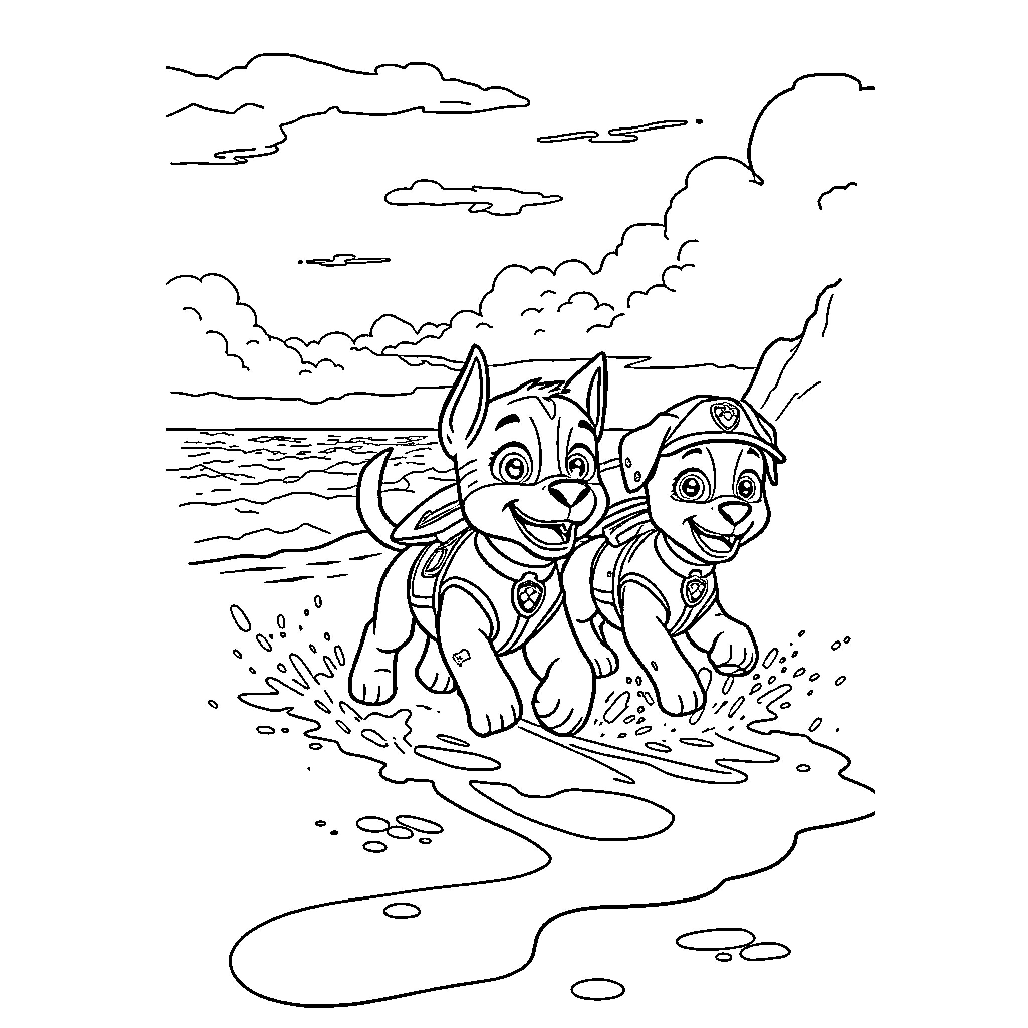 Paw Patrol pups running happily through ocean waves Coloring Page (free black-and-white line drawing printable PDF for all, from beginners to advanced learners, including children, teens, adults, and seniors)