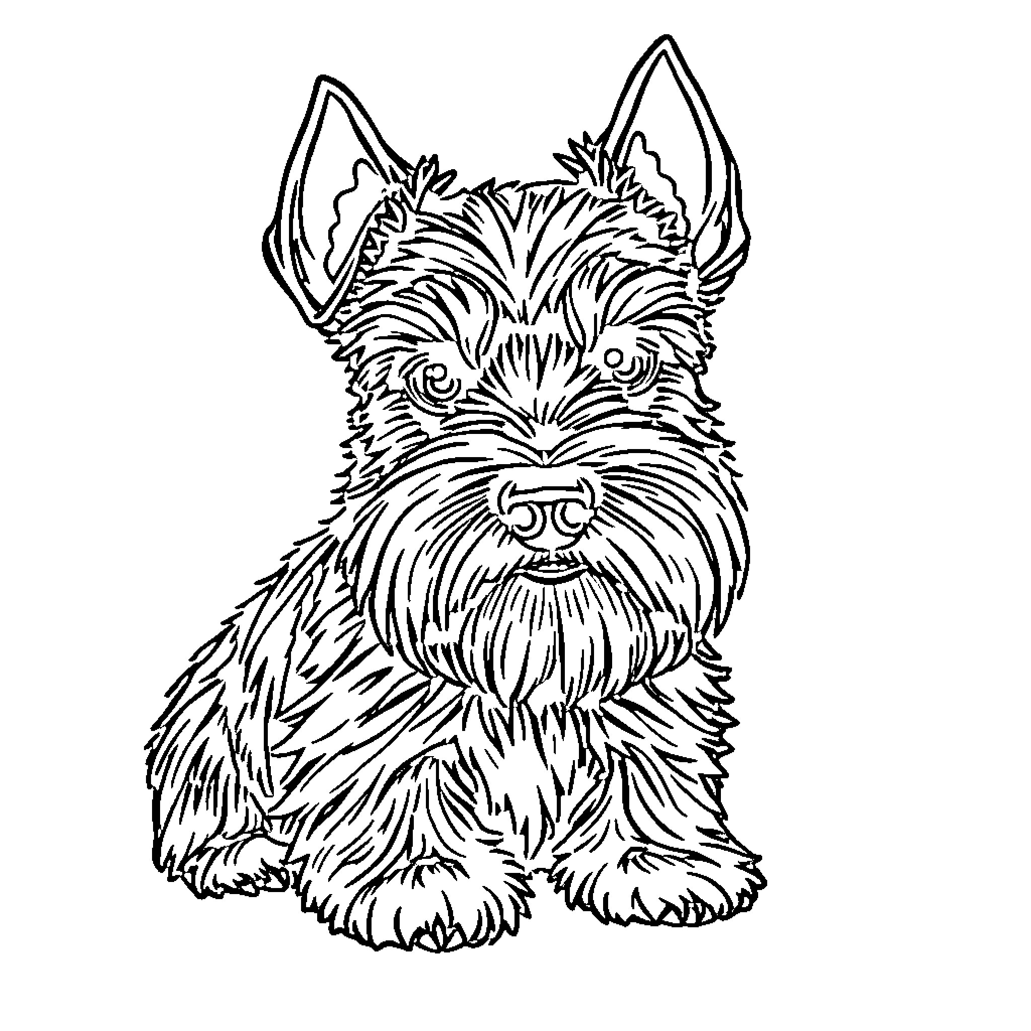 Schnauzer puppy with fluffy fur and alert expression Coloring Page (free black-and-white line drawing printable PDF for all, from beginners to advanced learners, including children, teens, adults, and seniors)