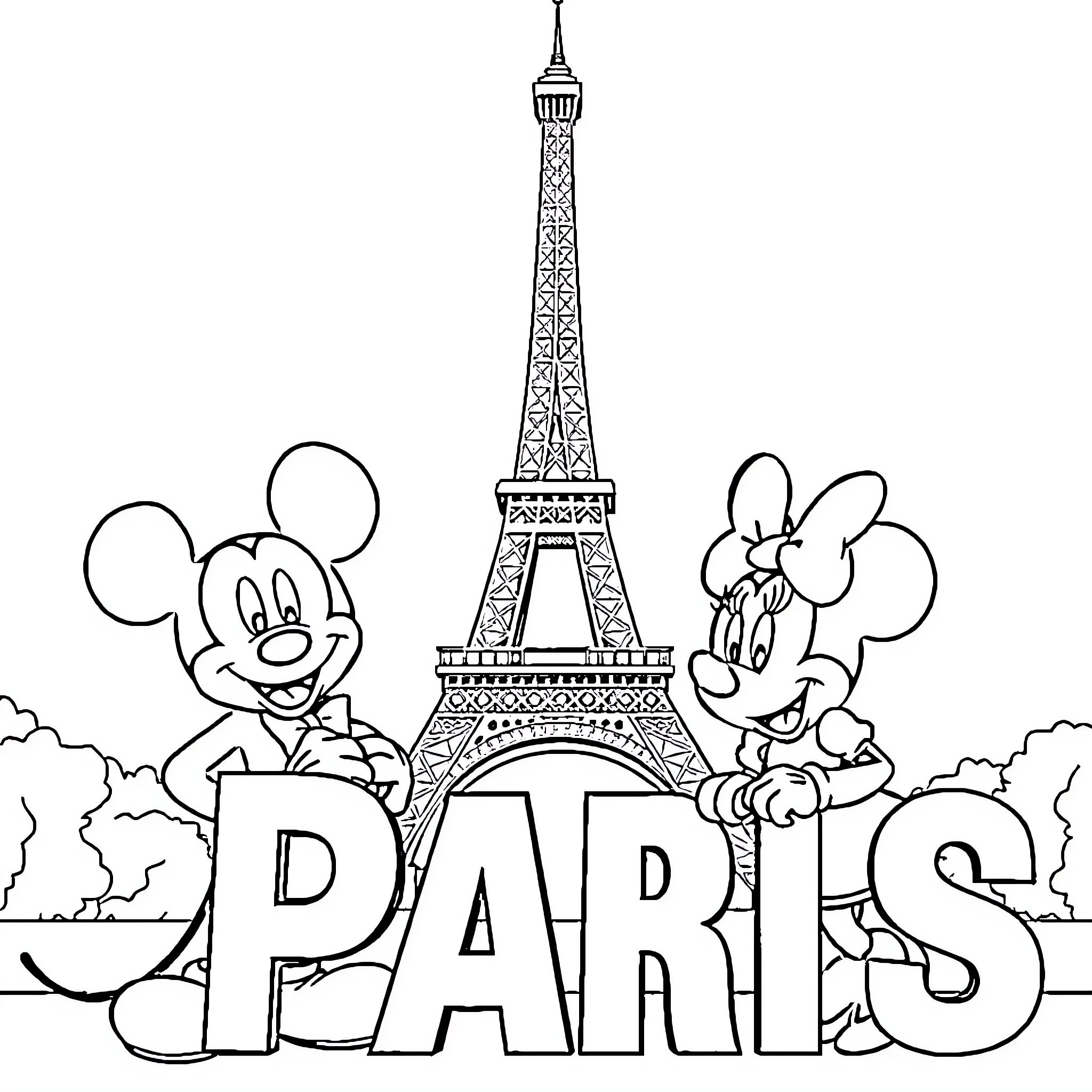 Mickey and Minnie's Paris Adventure Coloring Page (free black-and-white line drawing printable PDF for all, from beginners to advanced learners, including children, teens, adults, and seniors)