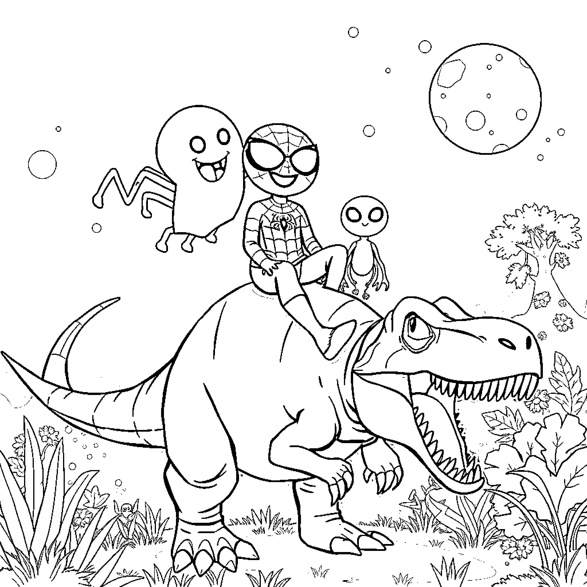 Spiderman's Playful Escapade with Ghostly Companions Coloring Page (free black-and-white line drawing printable PDF for all, from beginners to advanced learners, including children, teens, adults, and seniors)