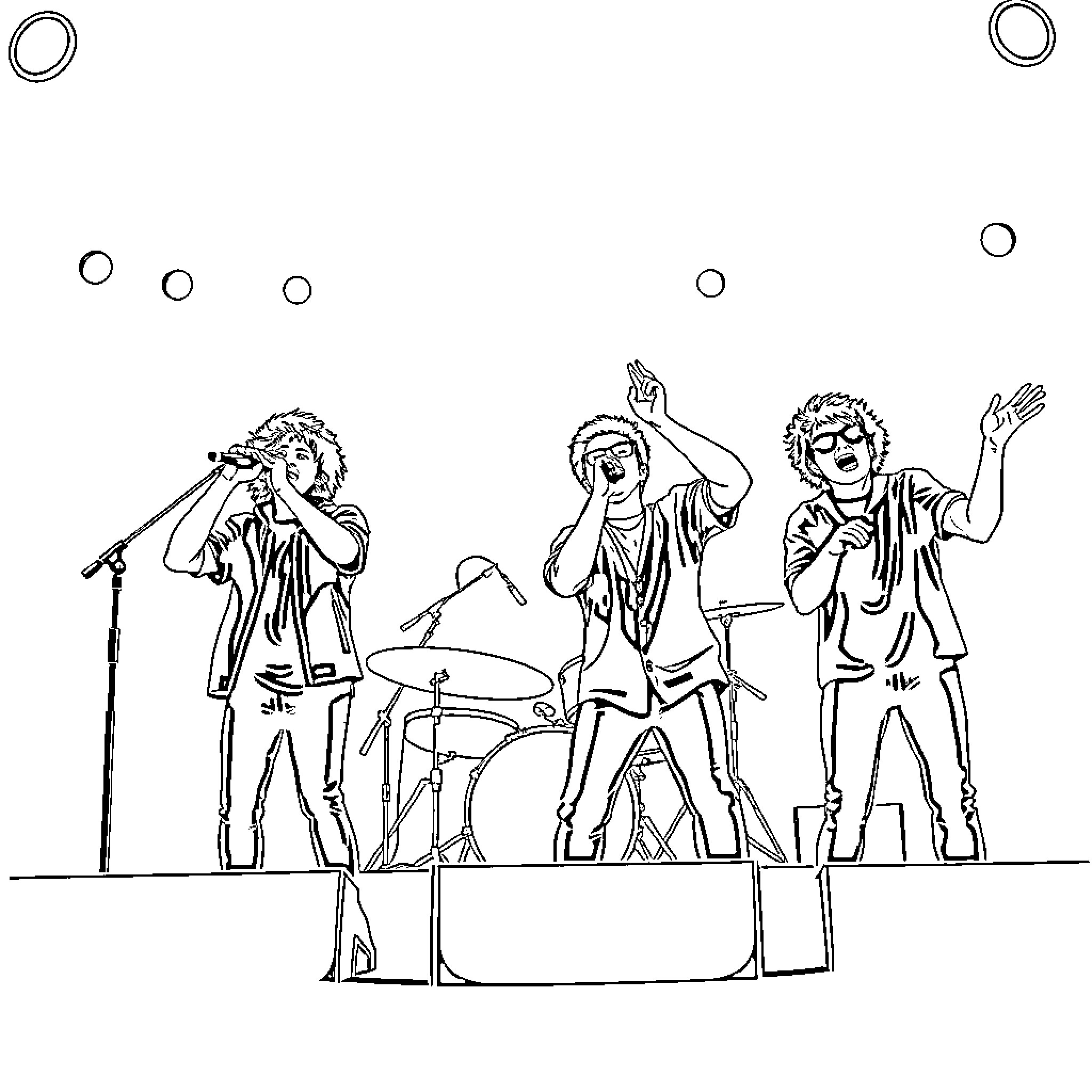 Stray Kids performing on stage with enthusiasm Coloring Page (free black-and-white line drawing printable PDF for all, from beginners to advanced learners, including children, teens, adults, and seniors)