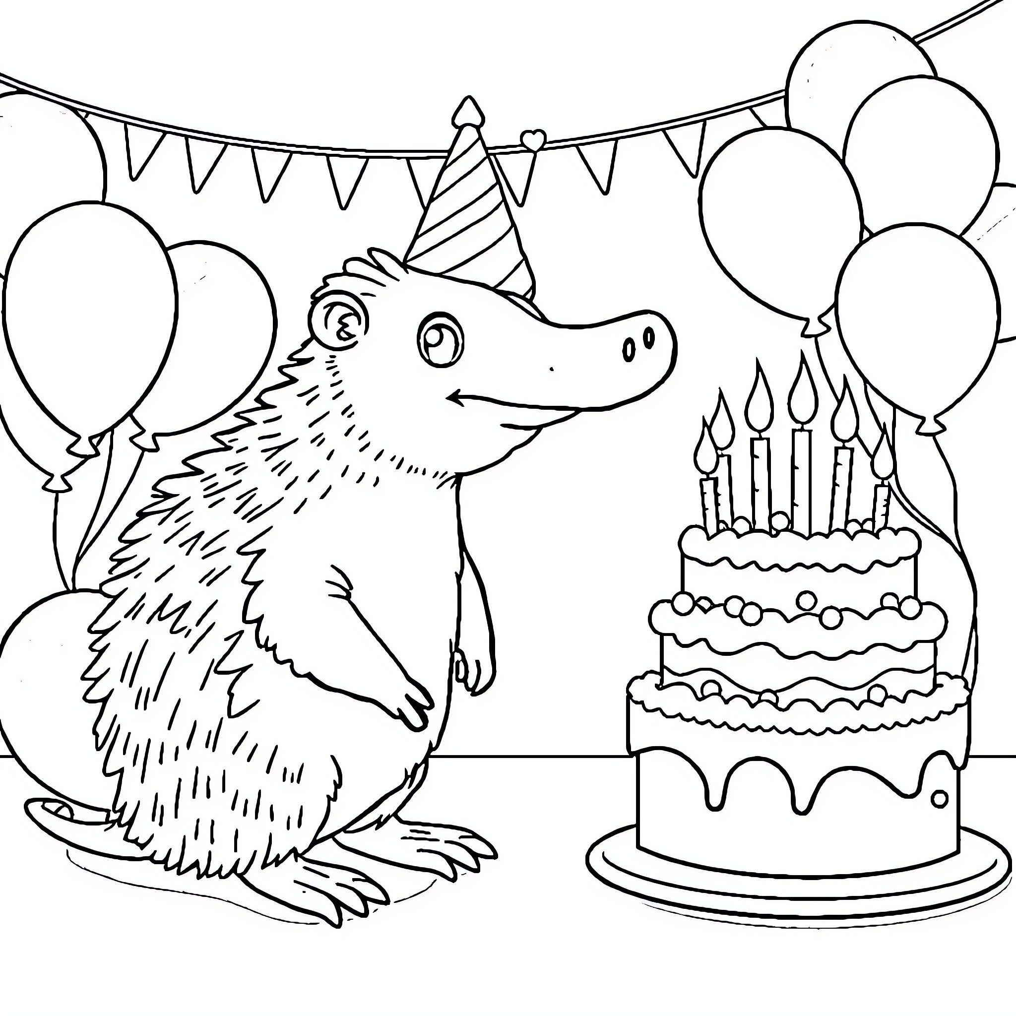 Platypus celebrating birthday with cake and balloons Coloring Page (free black-and-white line drawing printable PDF for all, from beginners to advanced learners, including children, teens, adults, and seniors)