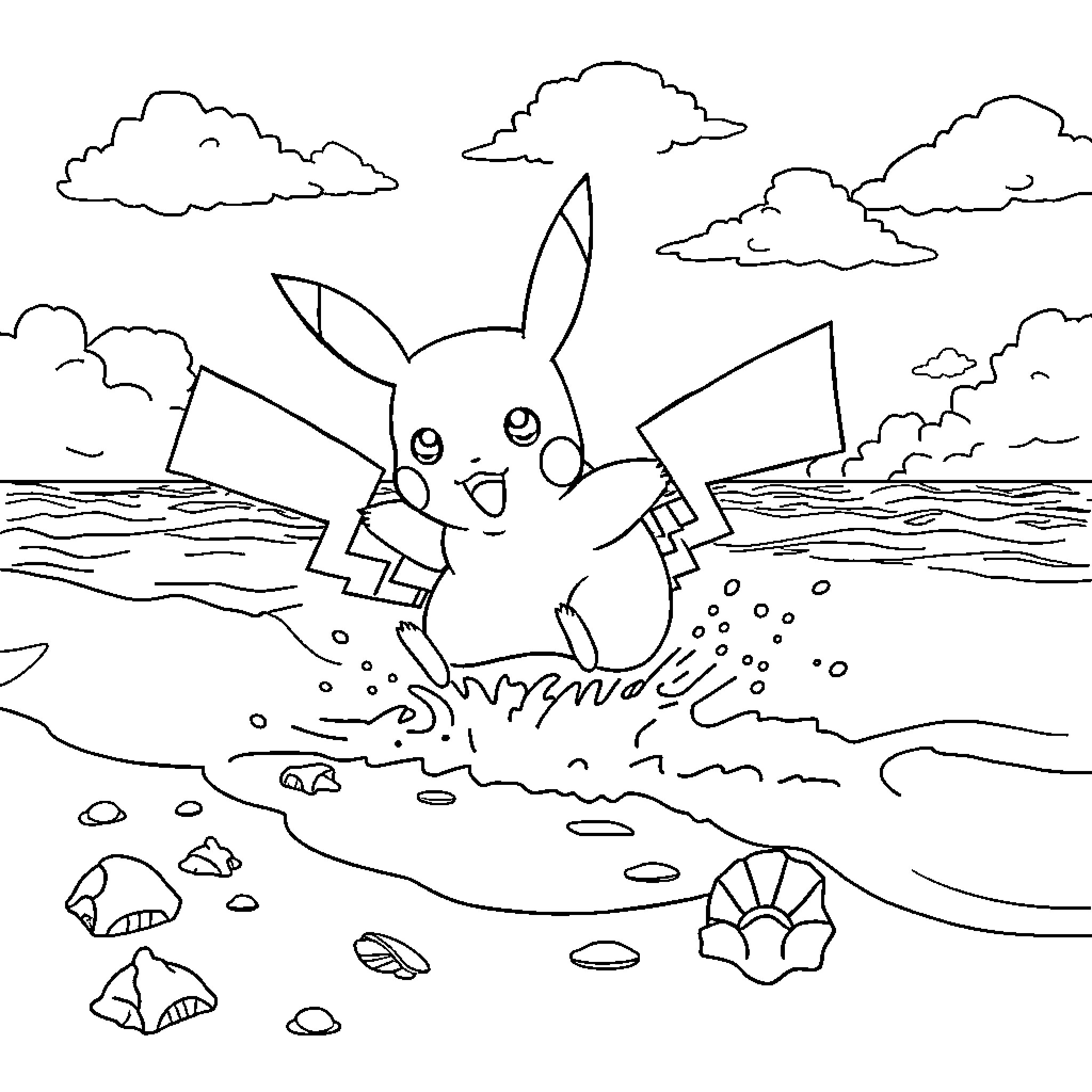 Pikachu splashing happily in the ocean Coloring Page (free black-and-white line drawing printable PDF for all, from beginners to advanced learners, including children, teens, adults, and seniors)