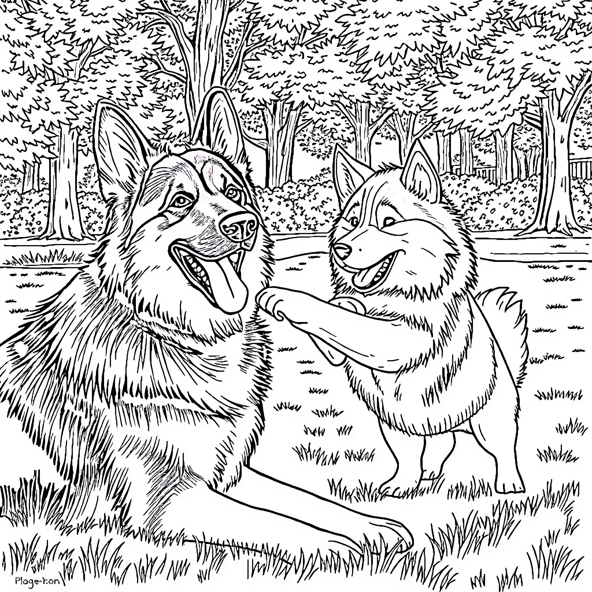 Dogs playing happily in a forest Coloring Page (free black-and-white line drawing printable PDF for all, from beginners to advanced learners, including children, teens, adults, and seniors)
