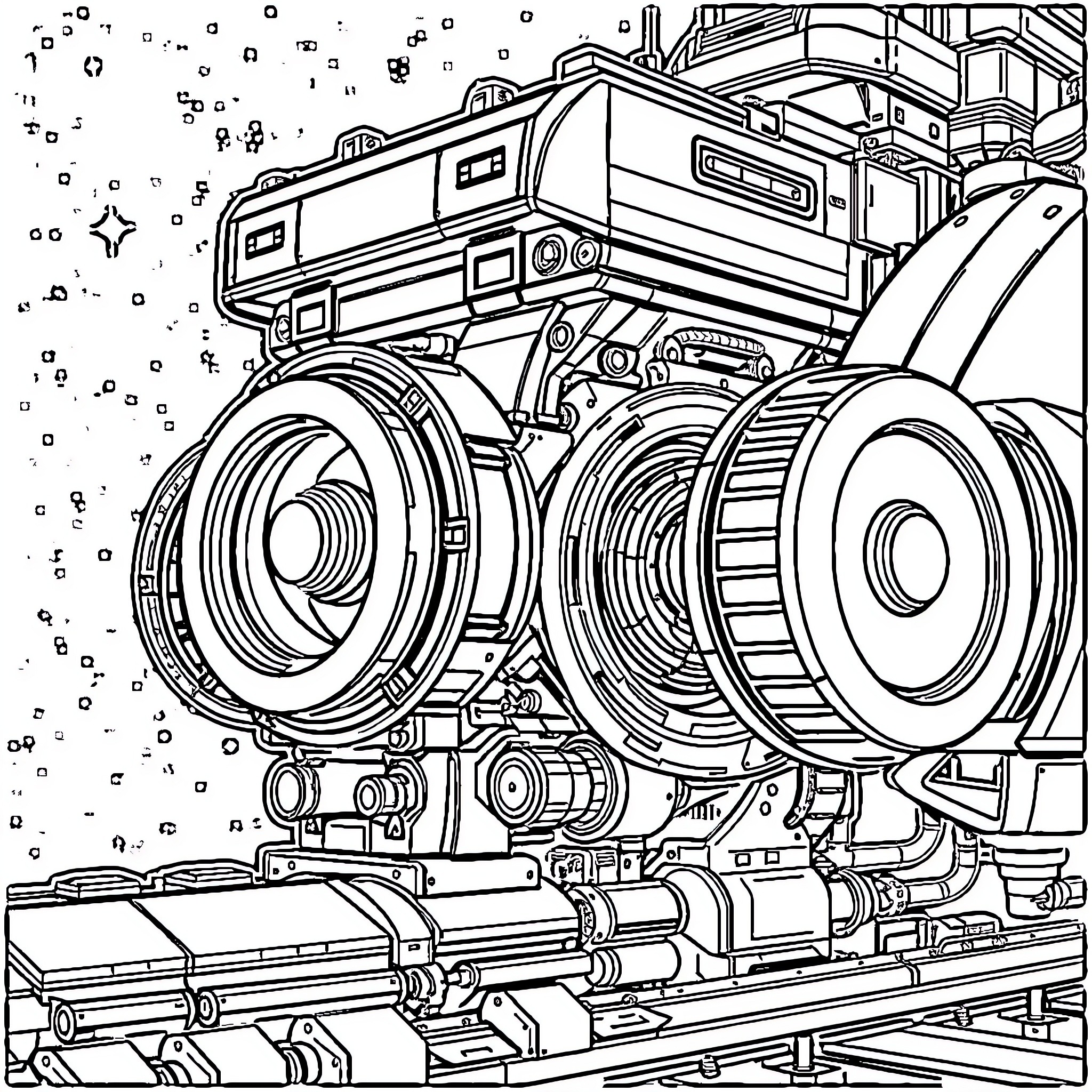 Main Engine Detailed Mechanical Schematic Coloring Page (free black-and-white line drawing printable PDF for all, from beginners to advanced learners, including children, teens, adults, and seniors)