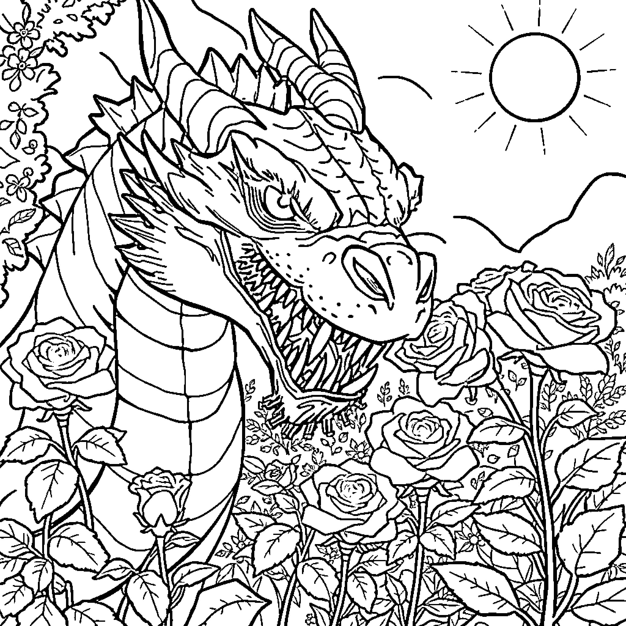 Dragon roaring amid vibrant flowers and sunlight Coloring Page (free black-and-white line drawing printable PDF for all, from beginners to advanced learners, including children, teens, adults, and seniors)