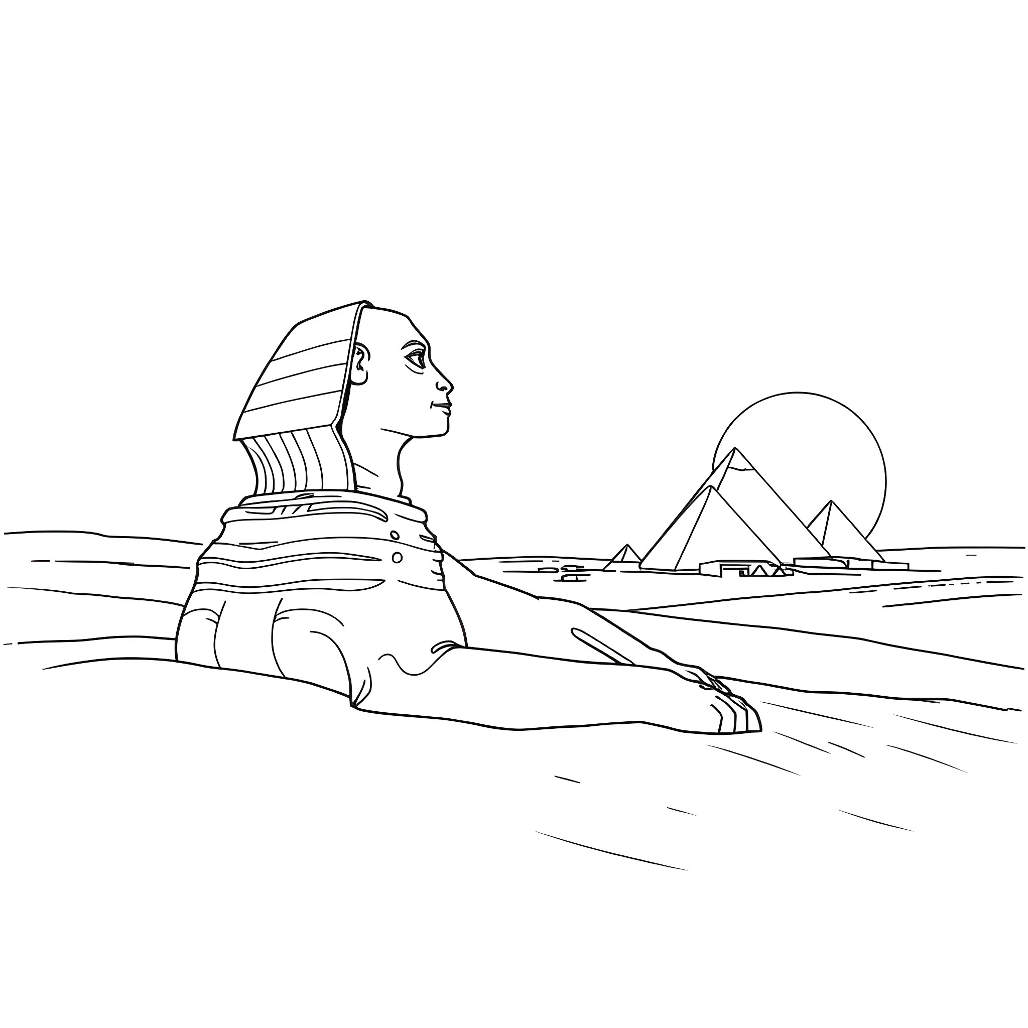 Sphinx gazing upon the pyramids Coloring Page (free black-and-white line drawing printable PDF for all, from beginners to advanced learners, including children, teens, adults, and seniors)