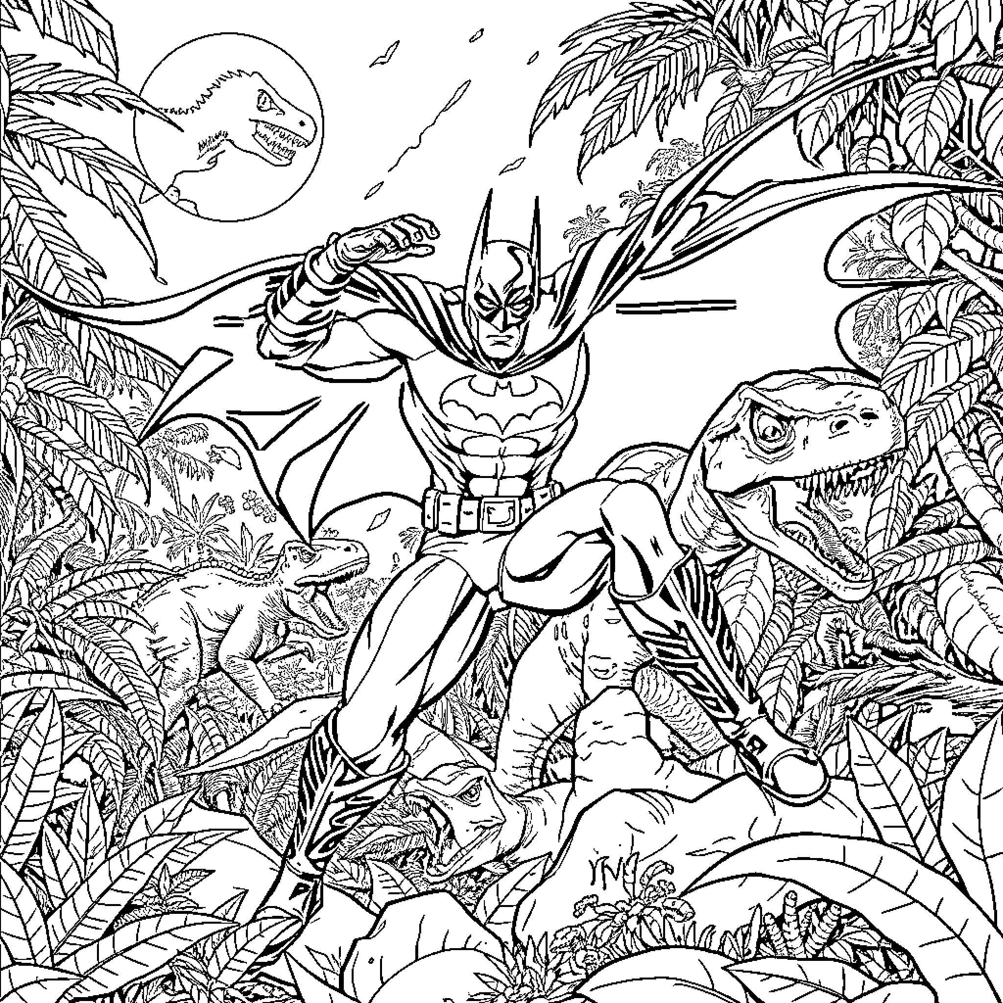Batman in Jungle Adventure with Dinosaurs Coloring Page (free black-and-white line drawing printable PDF for all, from beginners to advanced learners, including children, teens, adults, and seniors)