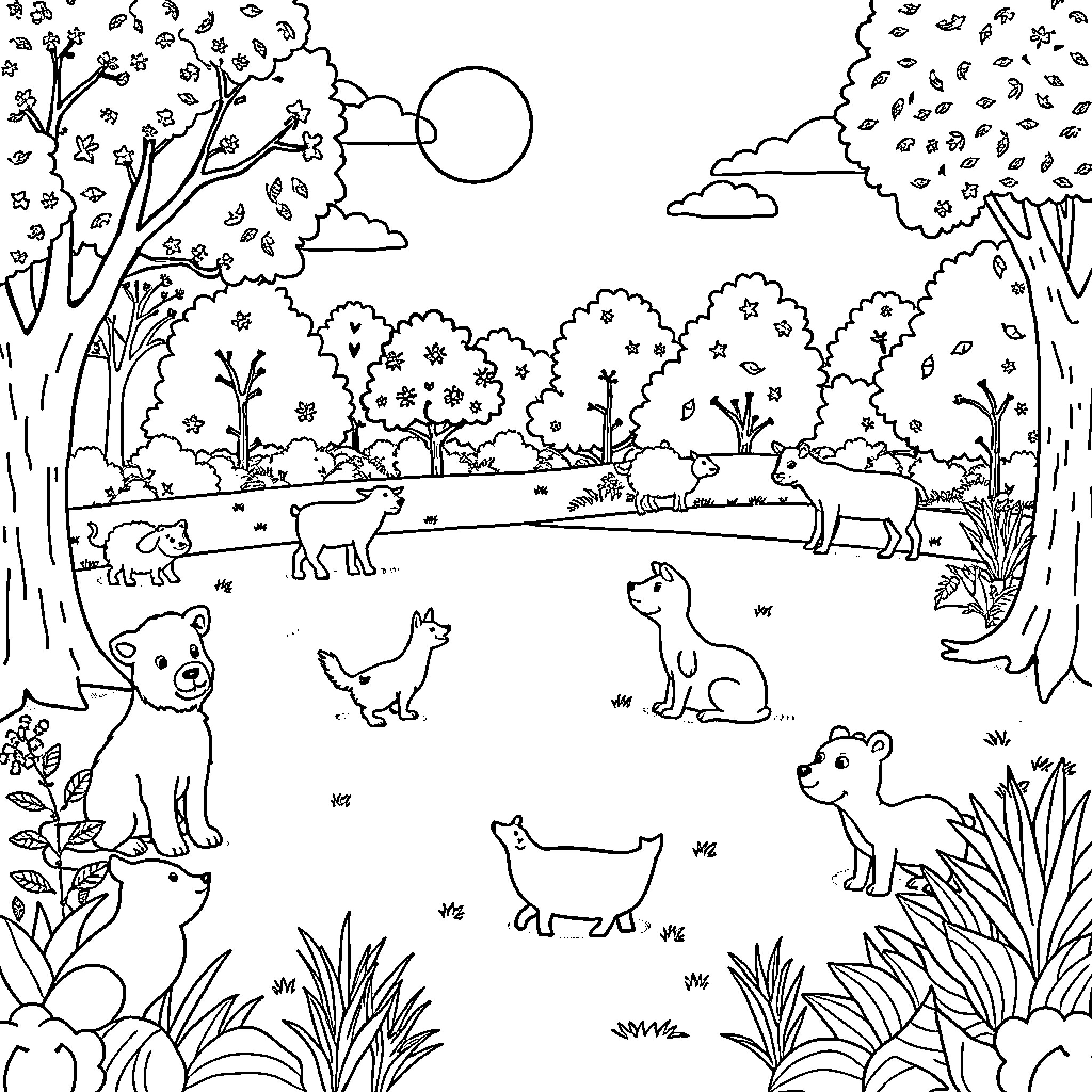 Animal scene with various wildlife in the forest Coloring Page (free black-and-white line drawing printable PDF for all, from beginners to advanced learners, including children, teens, adults, and seniors)