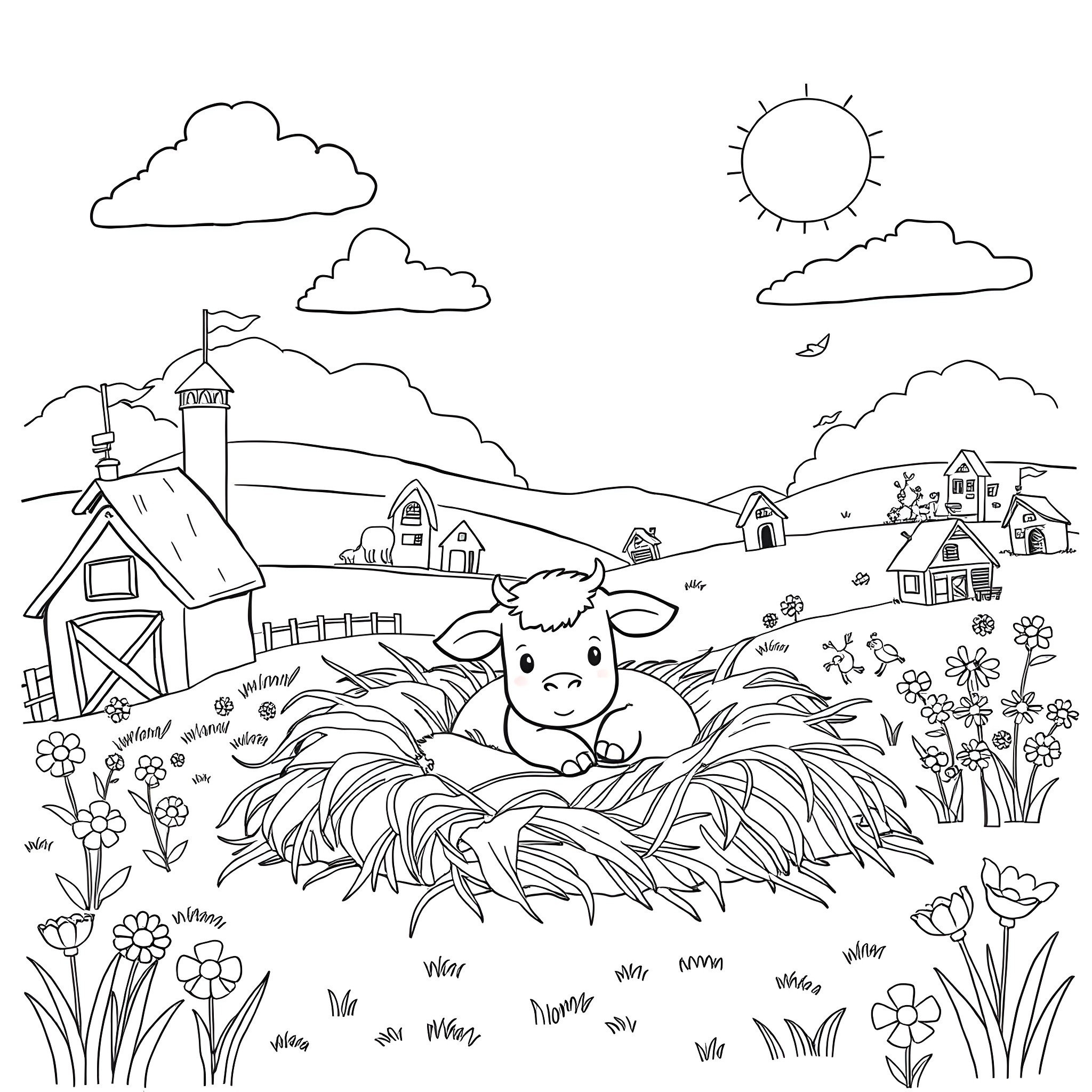 Animal resting peacefully on a farm landscape Coloring Page (free black-and-white line drawing printable PDF for all, from beginners to advanced learners, including children, teens, adults, and seniors)