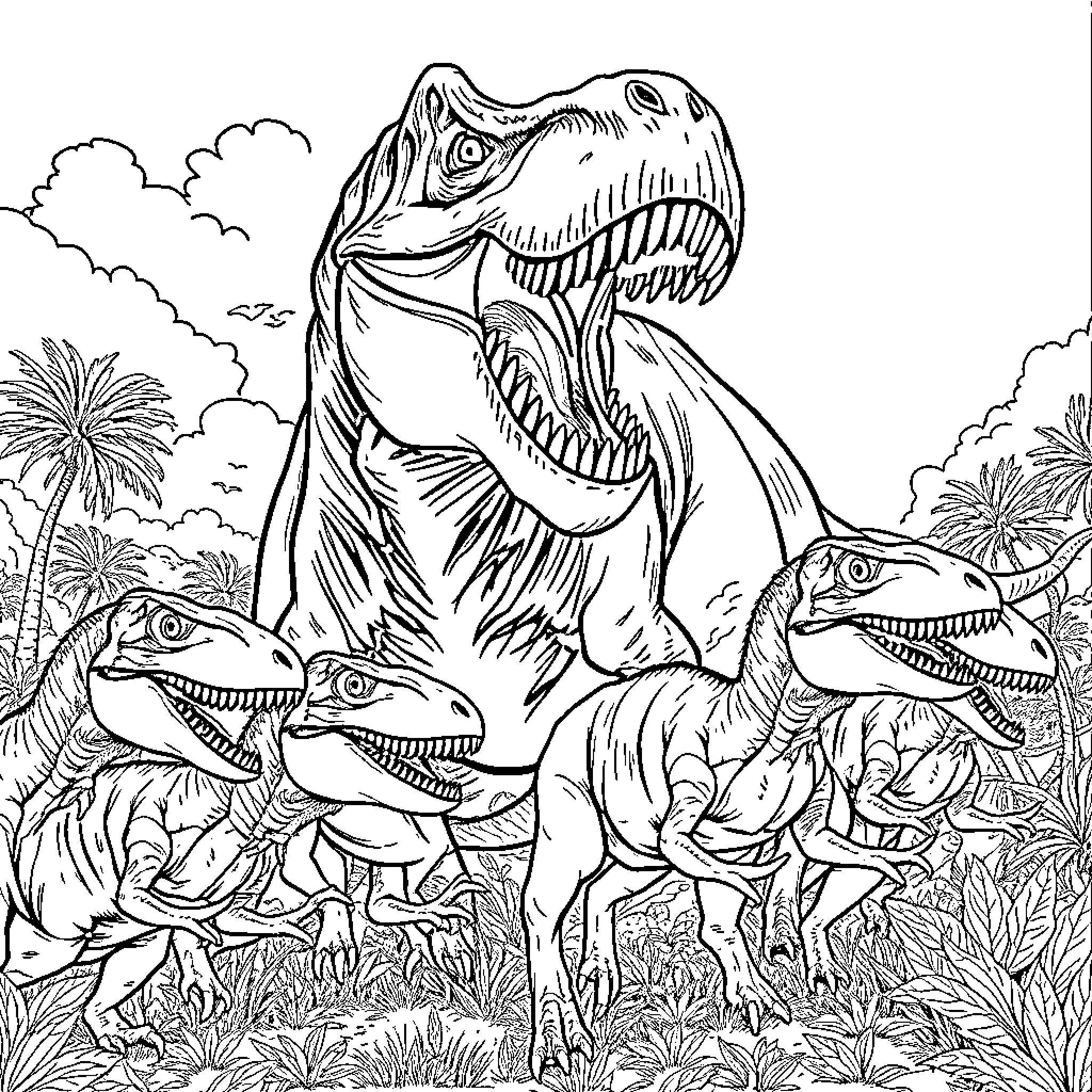Tyrannosaurus Roaming in Prehistoric Landscape Coloring Page (free black-and-white line drawing printable PDF for all, from beginners to advanced learners, including children, teens, adults, and seniors)