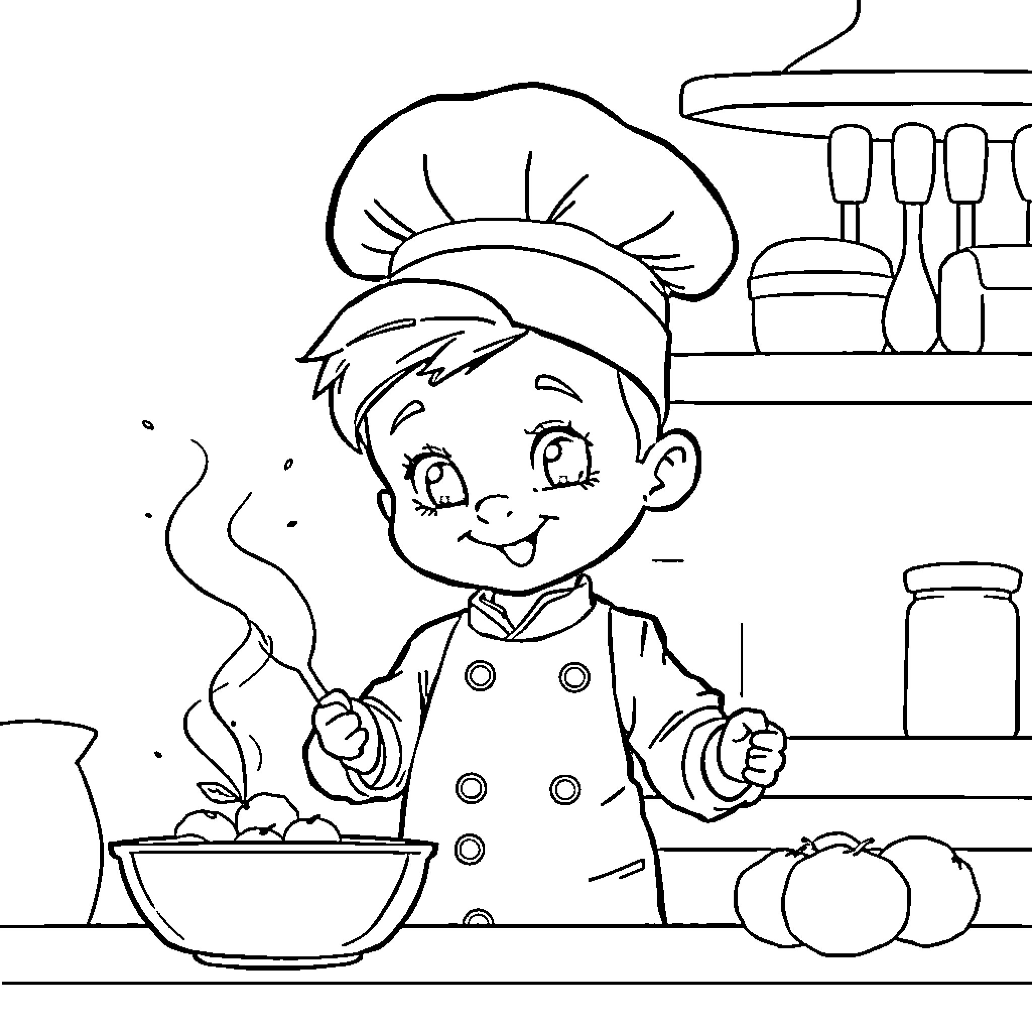 Chef Prepares Delicious Meal in Busy Kitchen Coloring Page (free black-and-white line drawing printable PDF for all, from beginners to advanced learners, including children, teens, adults, and seniors)