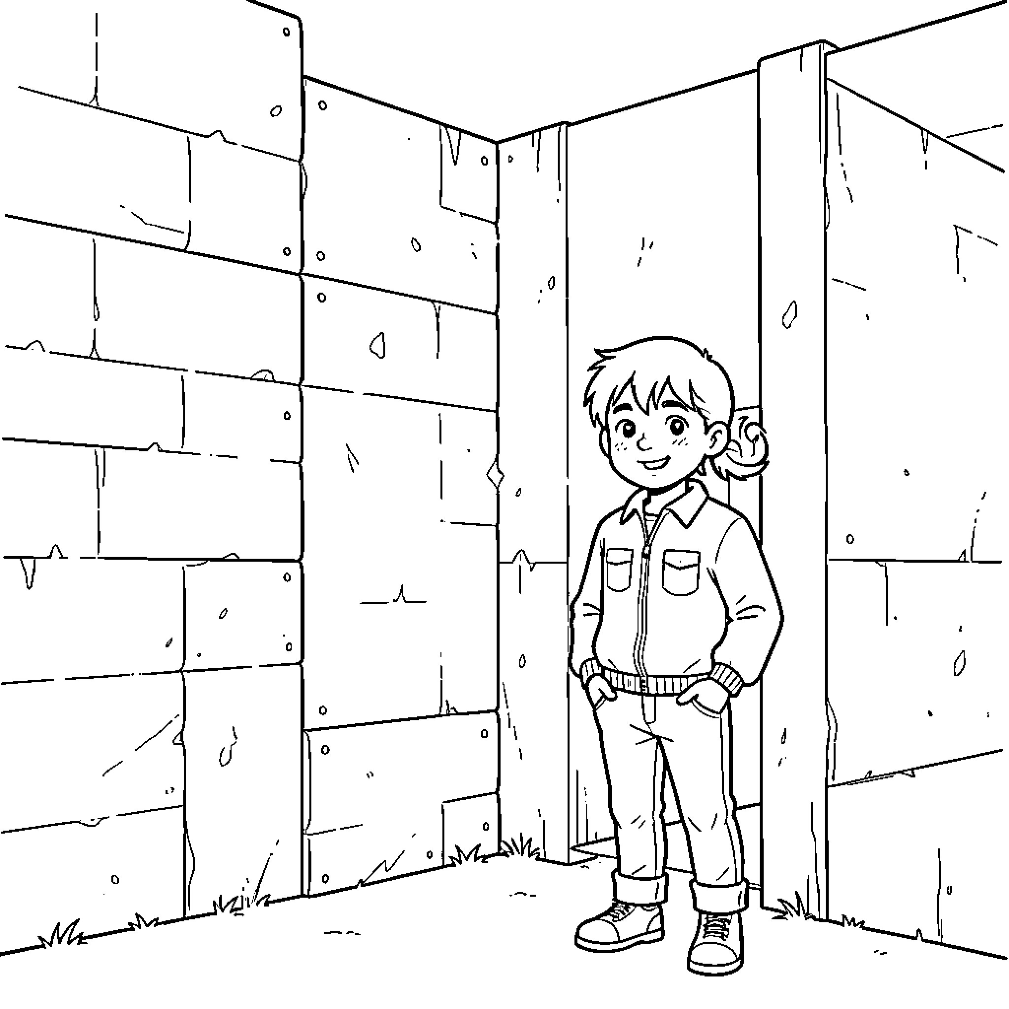 Wallers standing smiling in a concrete alleyway Coloring Page (free black-and-white line drawing printable PDF for all, from beginners to advanced learners, including children, teens, adults, and seniors)