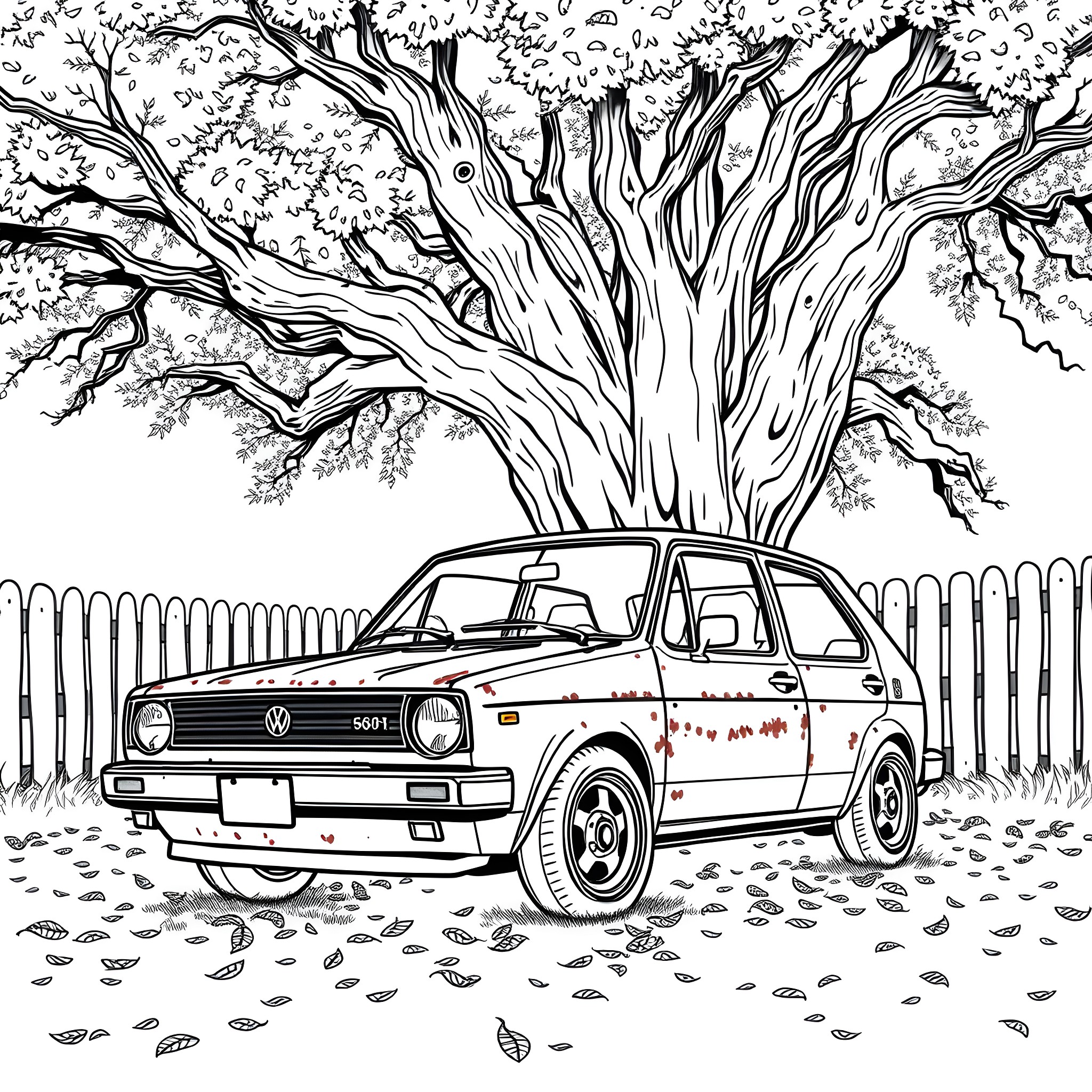 Volkswagen classic car parked under a large tree Coloring Page (free black-and-white line drawing printable PDF for all, from beginners to advanced learners, including children, teens, adults, and seniors)