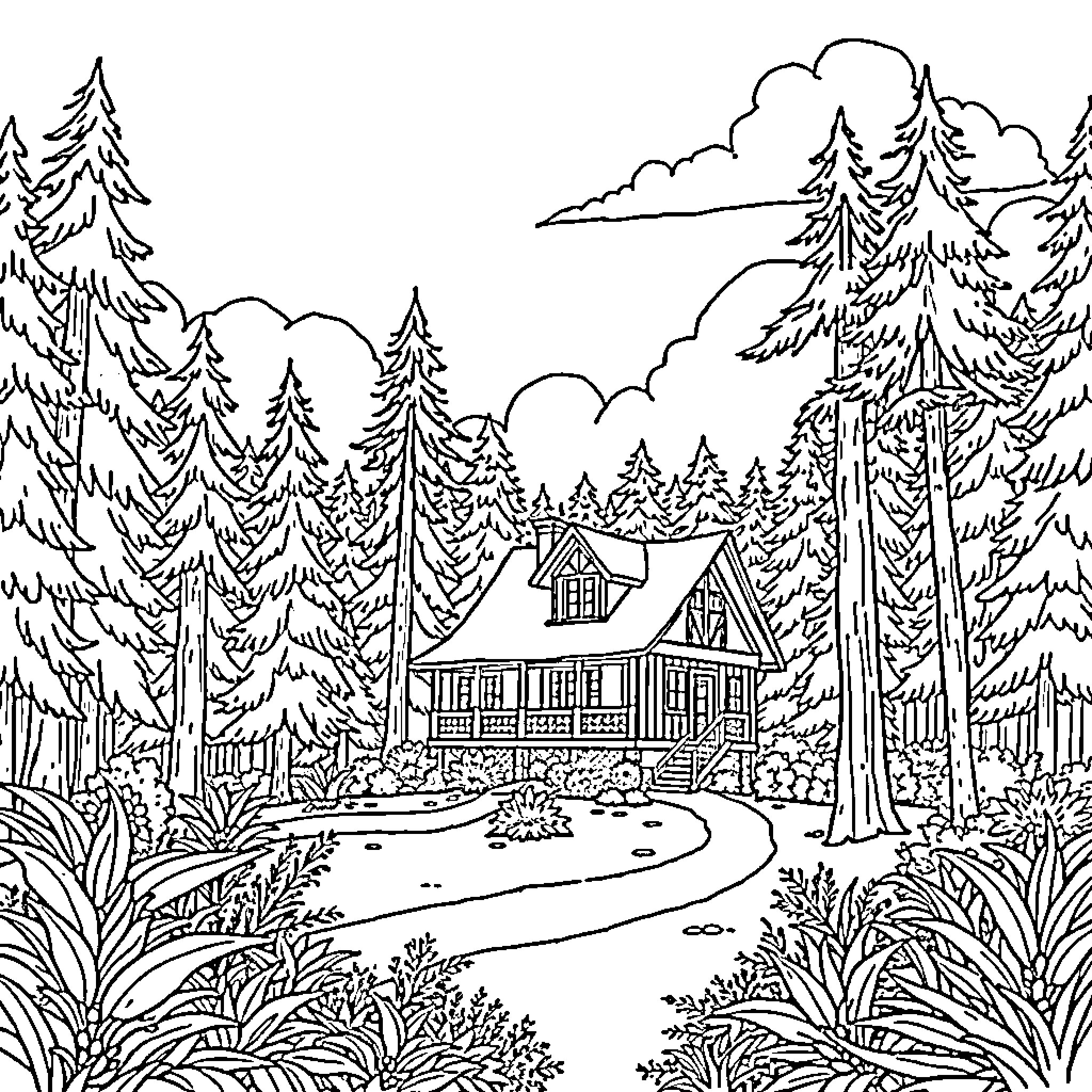 House in the Peaceful Forest Landscape Coloring Page (free black-and-white line drawing printable PDF for all, from beginners to advanced learners, including children, teens, adults, and seniors)