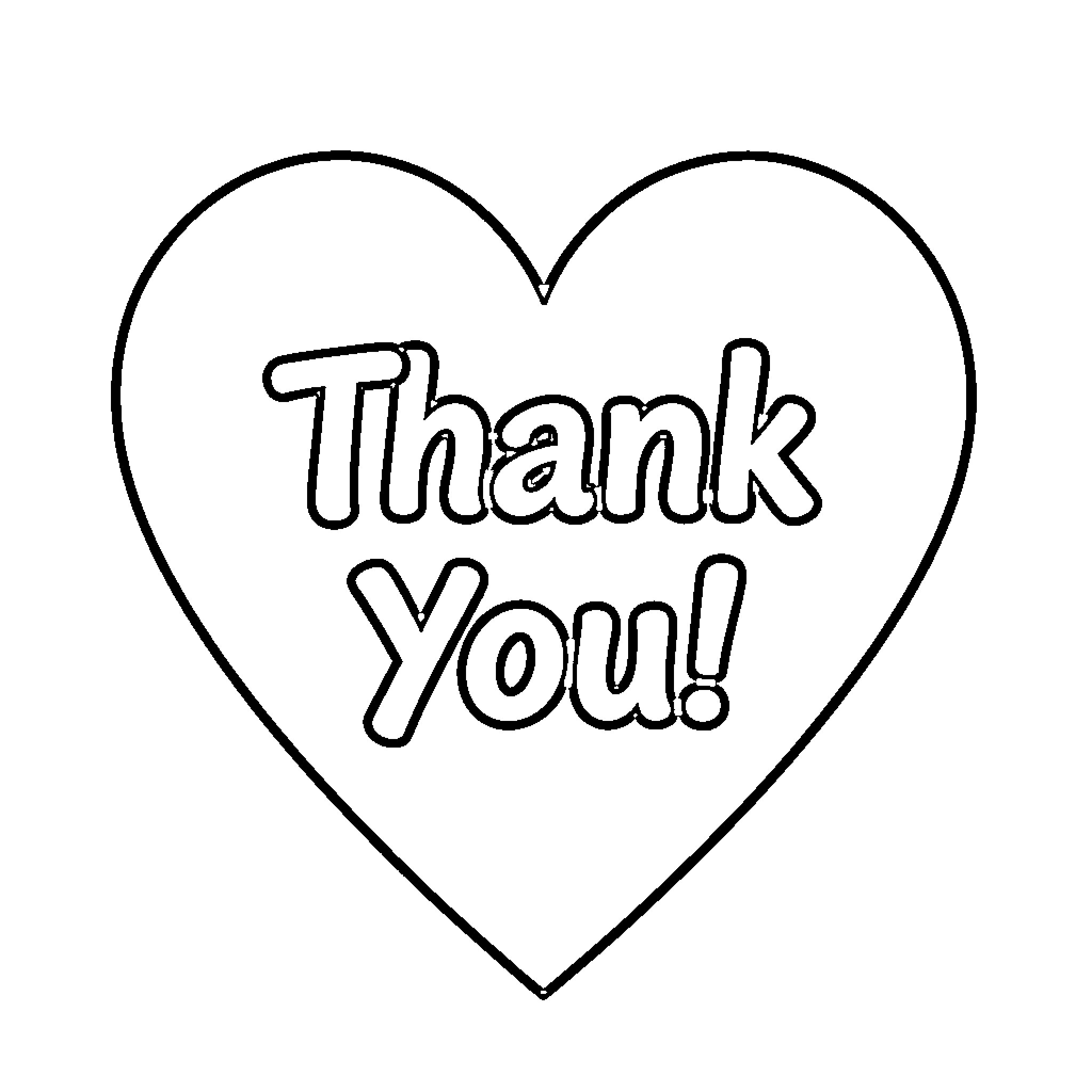 Heart-shaped 'Thank You!' message Coloring Page (free black-and-white line drawing printable PDF for all, from beginners to advanced learners, including children, teens, adults, and seniors)