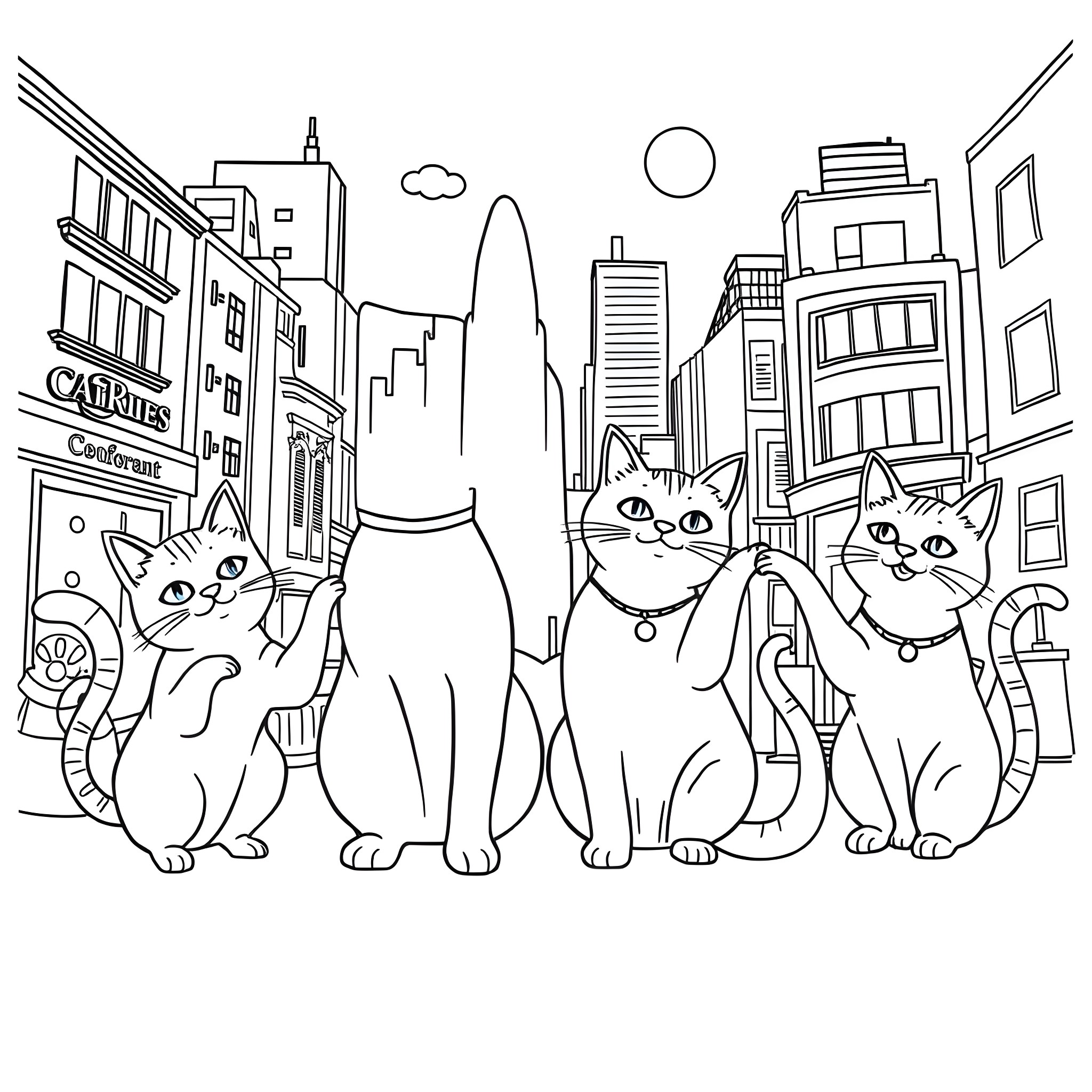 Cats exploring the lively city street Coloring Page (free black-and-white line drawing printable PDF for all, from beginners to advanced learners, including children, teens, adults, and seniors)