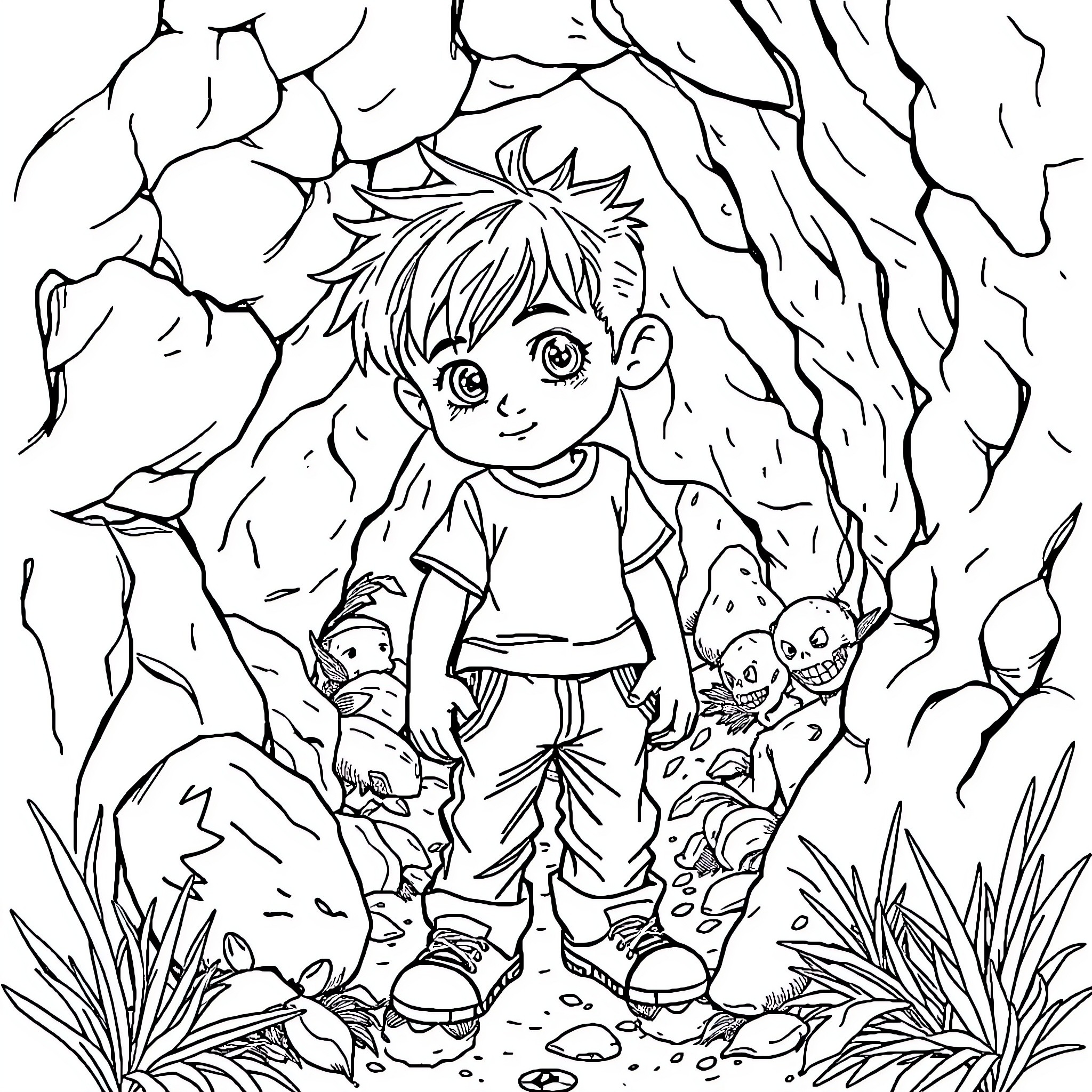 Niño exploring the enchanted forest Coloring Page (free black-and-white line drawing printable PDF for all, from beginners to advanced learners, including children, teens, adults, and seniors)