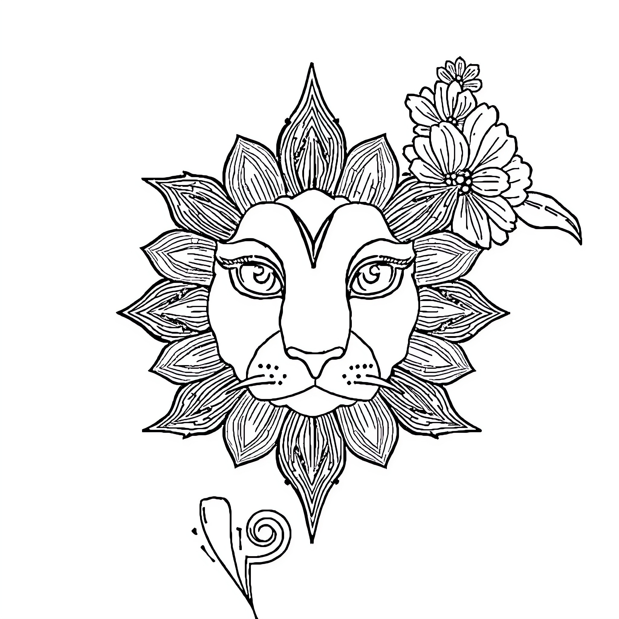 Book of Floral Lion's Face and Design Coloring Page (free black-and-white line drawing printable PDF for all, from beginners to advanced learners, including children, teens, adults, and seniors)
