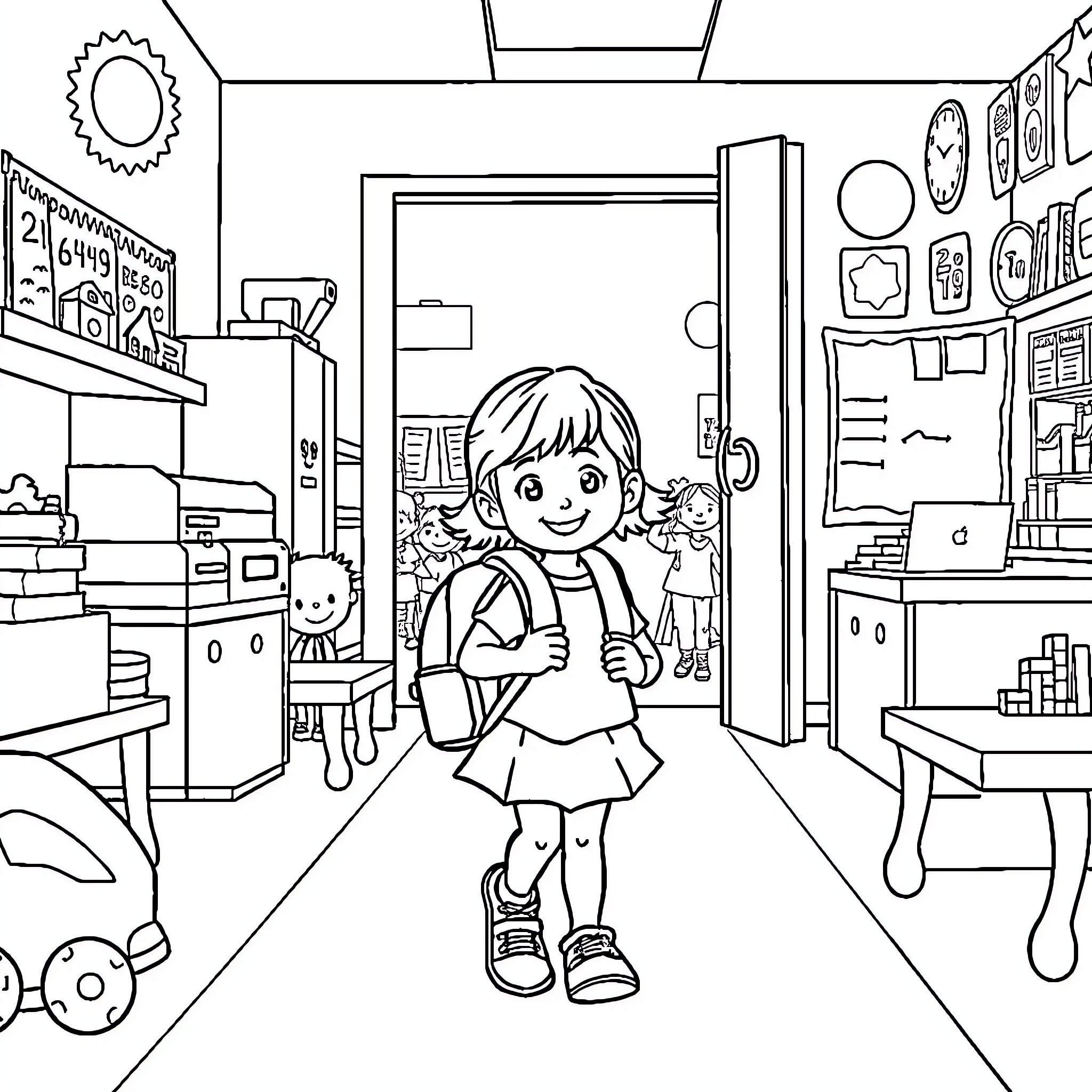 Girl exploring her classroom with curiosity Coloring Page (free black-and-white line drawing printable PDF for all, from beginners to advanced learners, including children, teens, adults, and seniors)