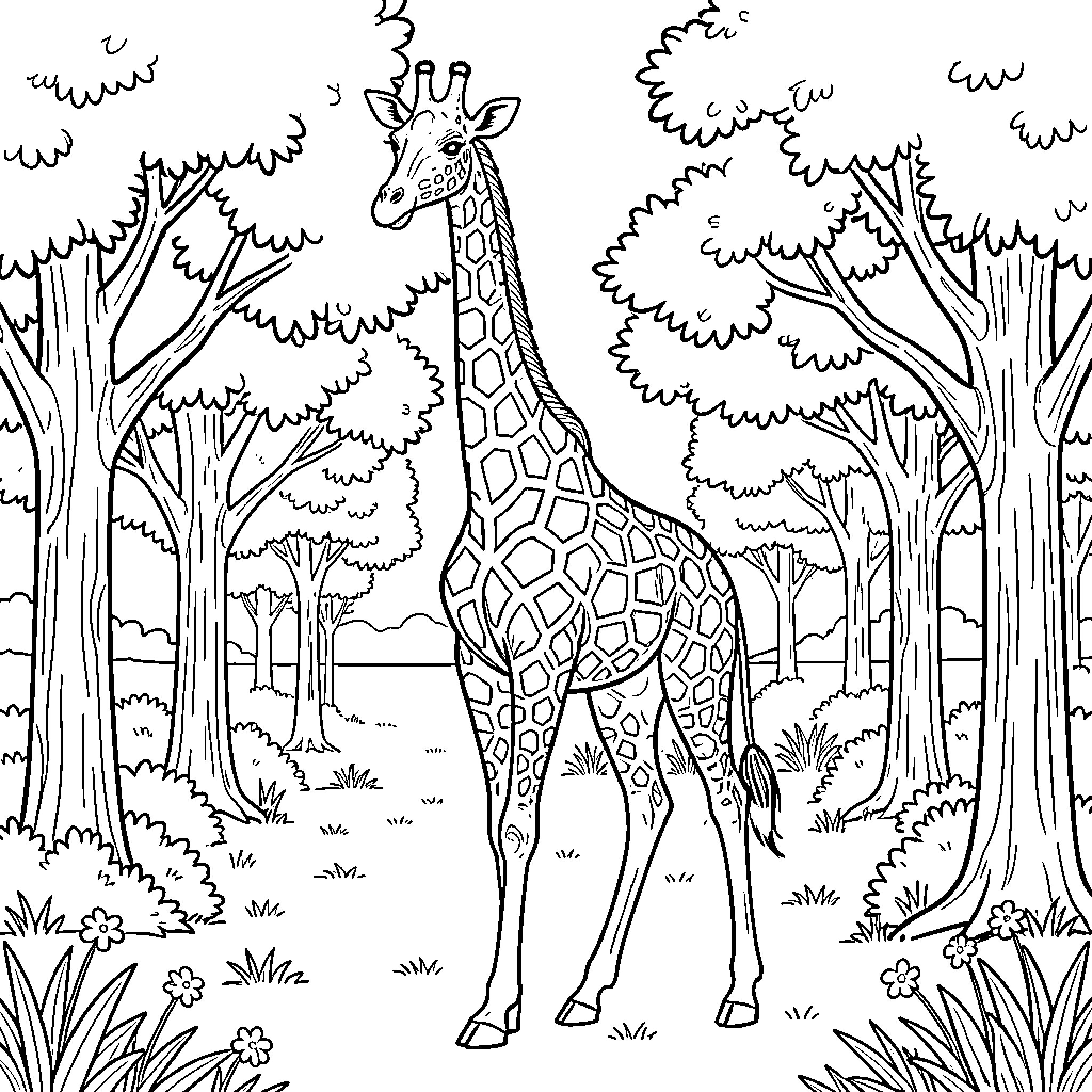 Giraffe exploring the lush forest landscape Coloring Page (free black-and-white line drawing printable PDF for all, from beginners to advanced learners, including children, teens, adults, and seniors)