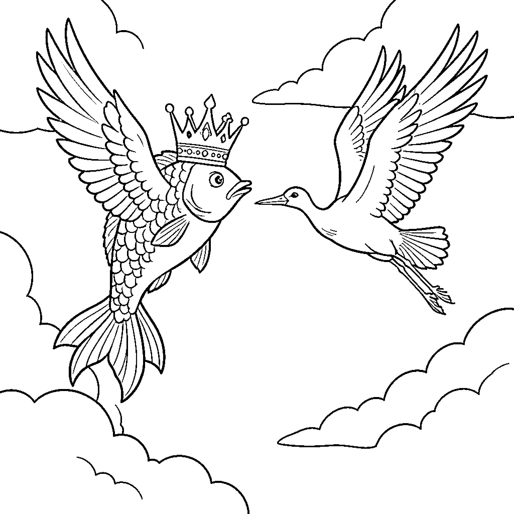 Pez-winged creatures in the cloudy sky Coloring Page (free black-and-white line drawing printable PDF for all, from beginners to advanced learners, including children, teens, adults, and seniors)