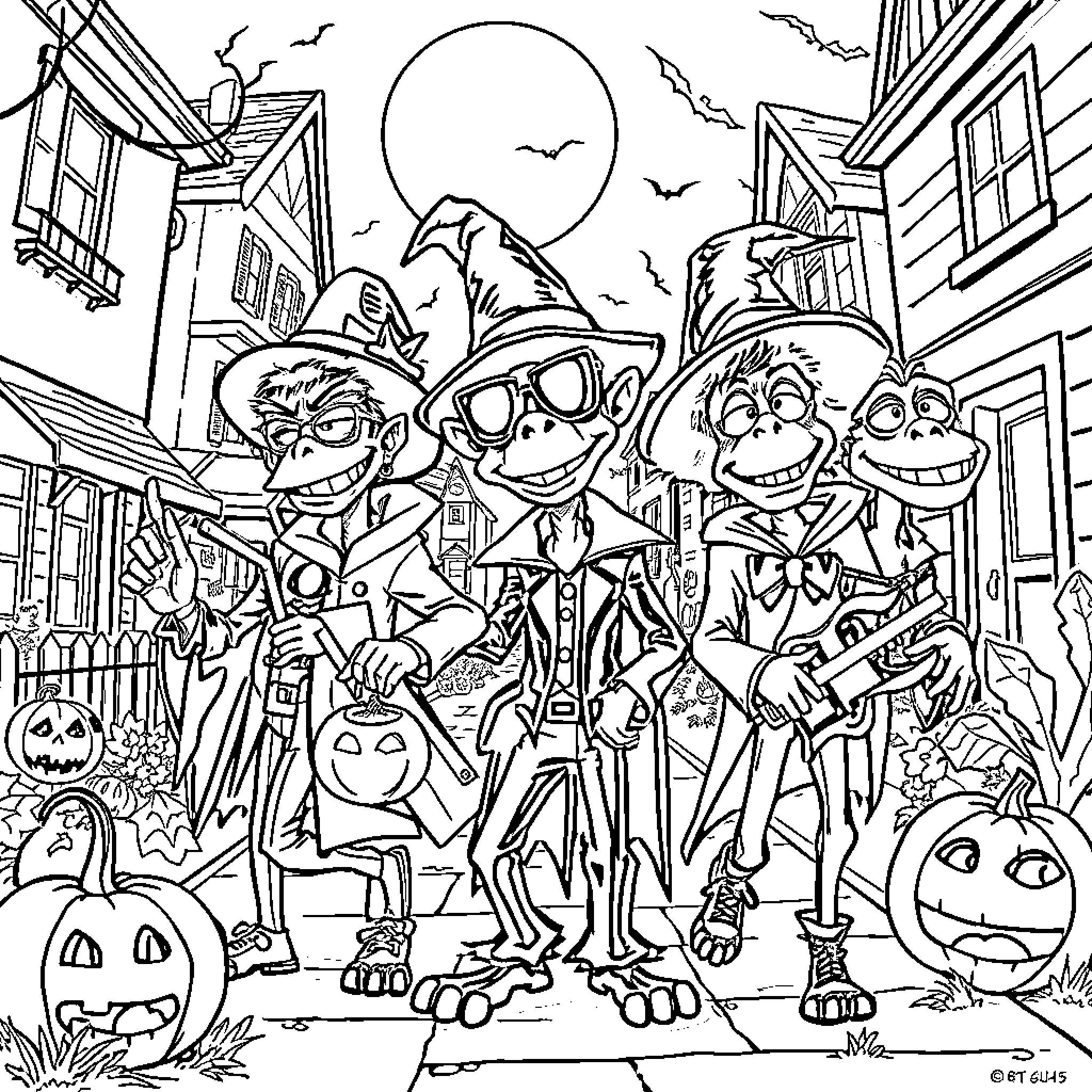 Gorillaz characters celebrate Halloween in the city Coloring Page (free black-and-white line drawing printable PDF for all, from beginners to advanced learners, including children, teens, adults, and seniors)