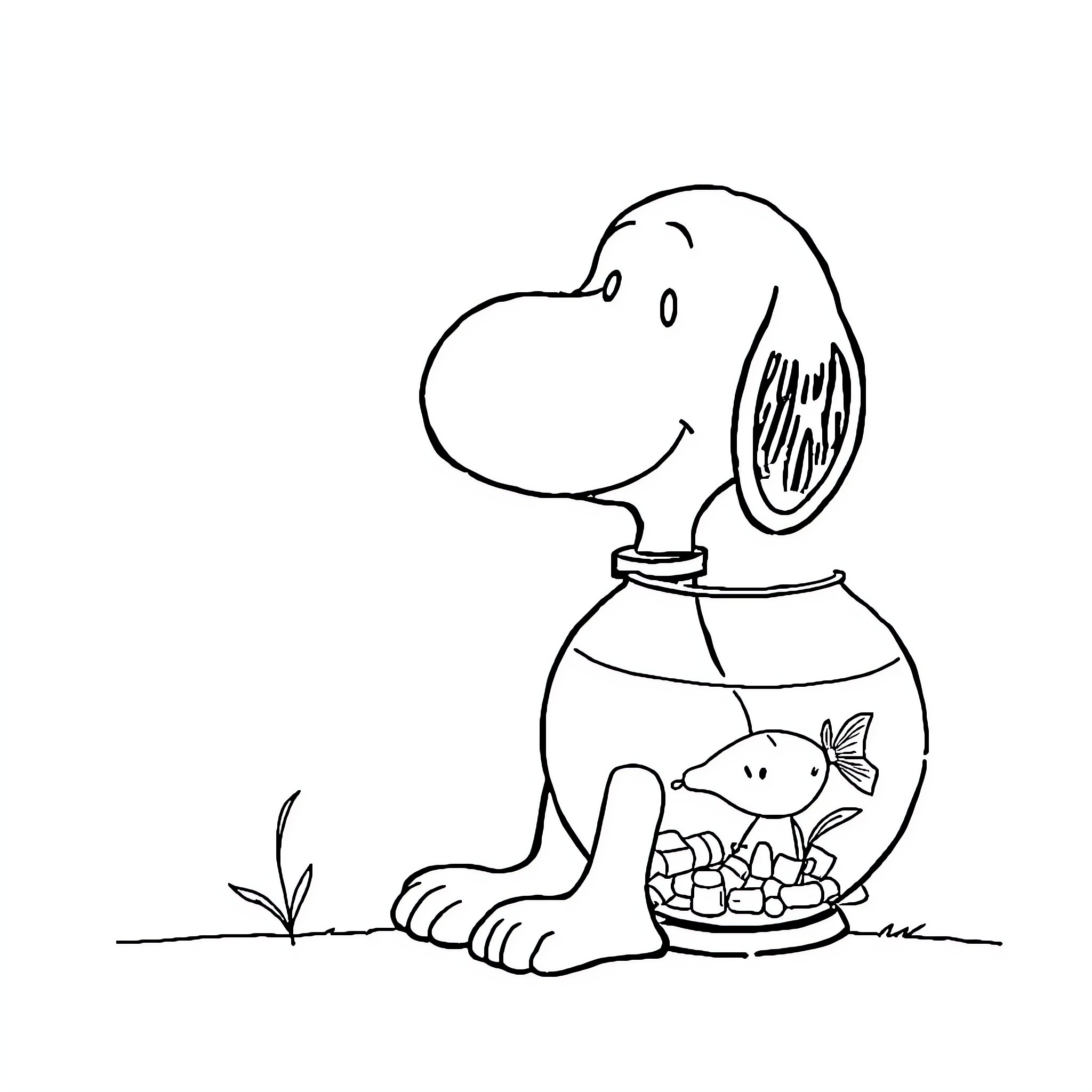 Snoopy enjoying fishbowl with pet fish Coloring Page (free black-and-white line drawing printable PDF for all, from beginners to advanced learners, including children, teens, adults, and seniors)