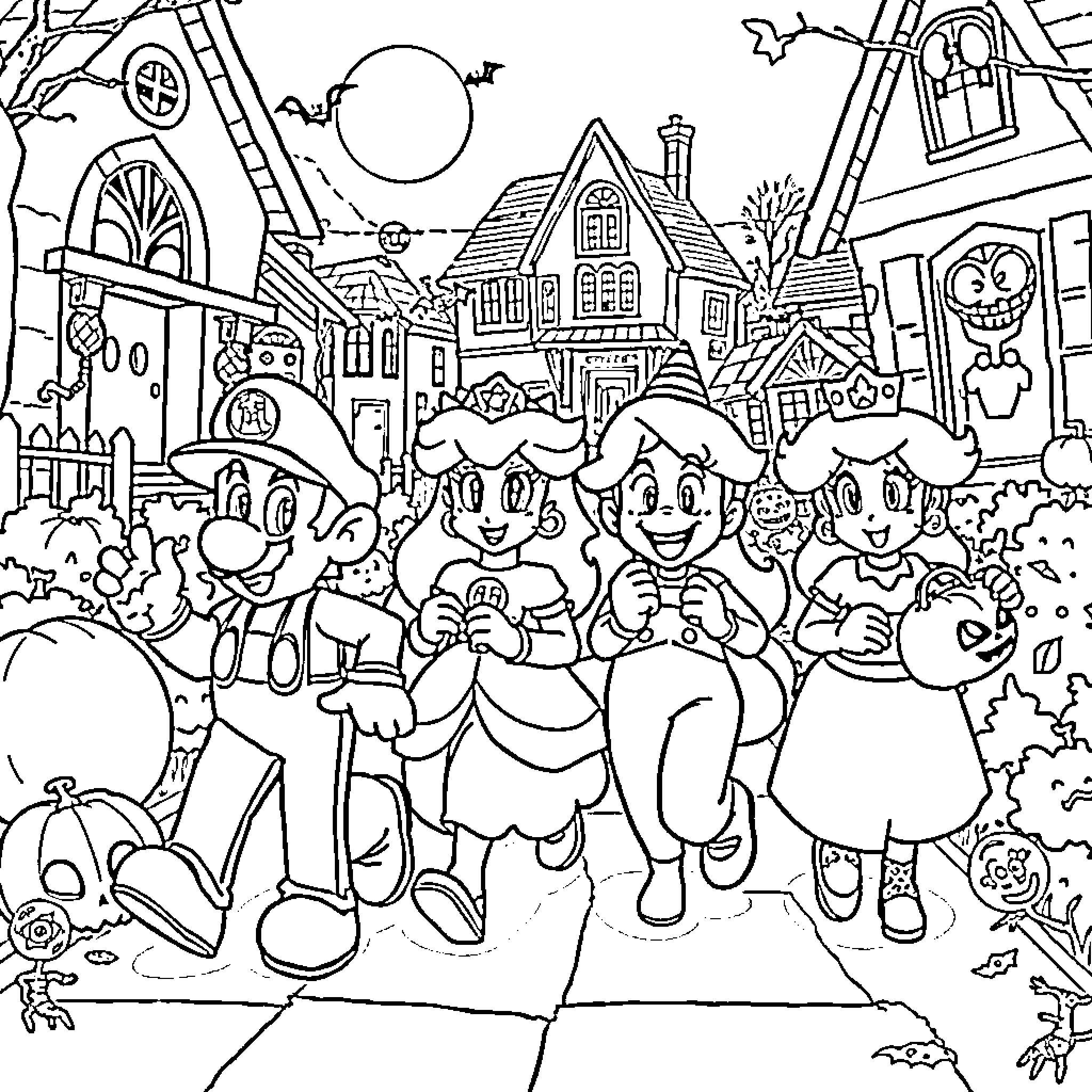 Mario and friends exploring the spooky town at night Coloring Page (free black-and-white line drawing printable PDF for all, from beginners to advanced learners, including children, teens, adults, and seniors)
