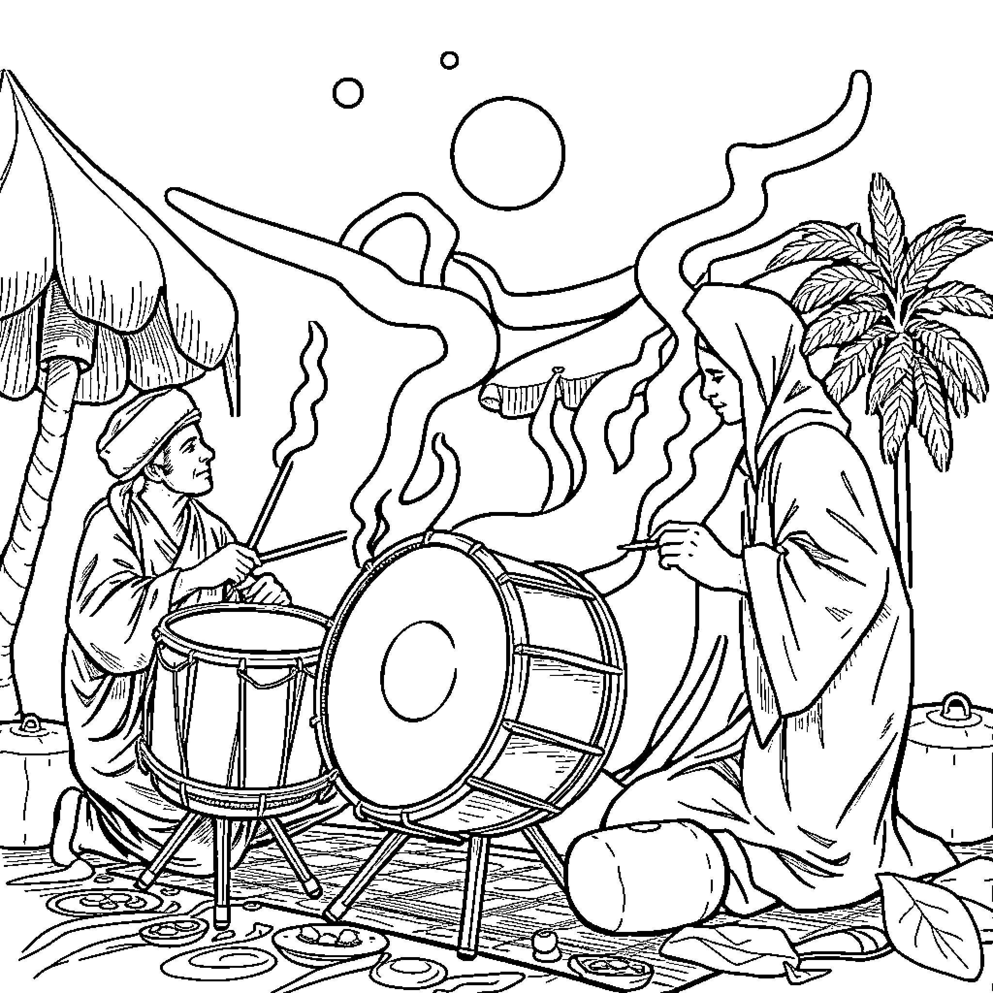 Tung's Musical Journey Through a Surreal Landscape Coloring Page (free black-and-white line drawing printable PDF for all, from beginners to advanced learners, including children, teens, adults, and seniors)