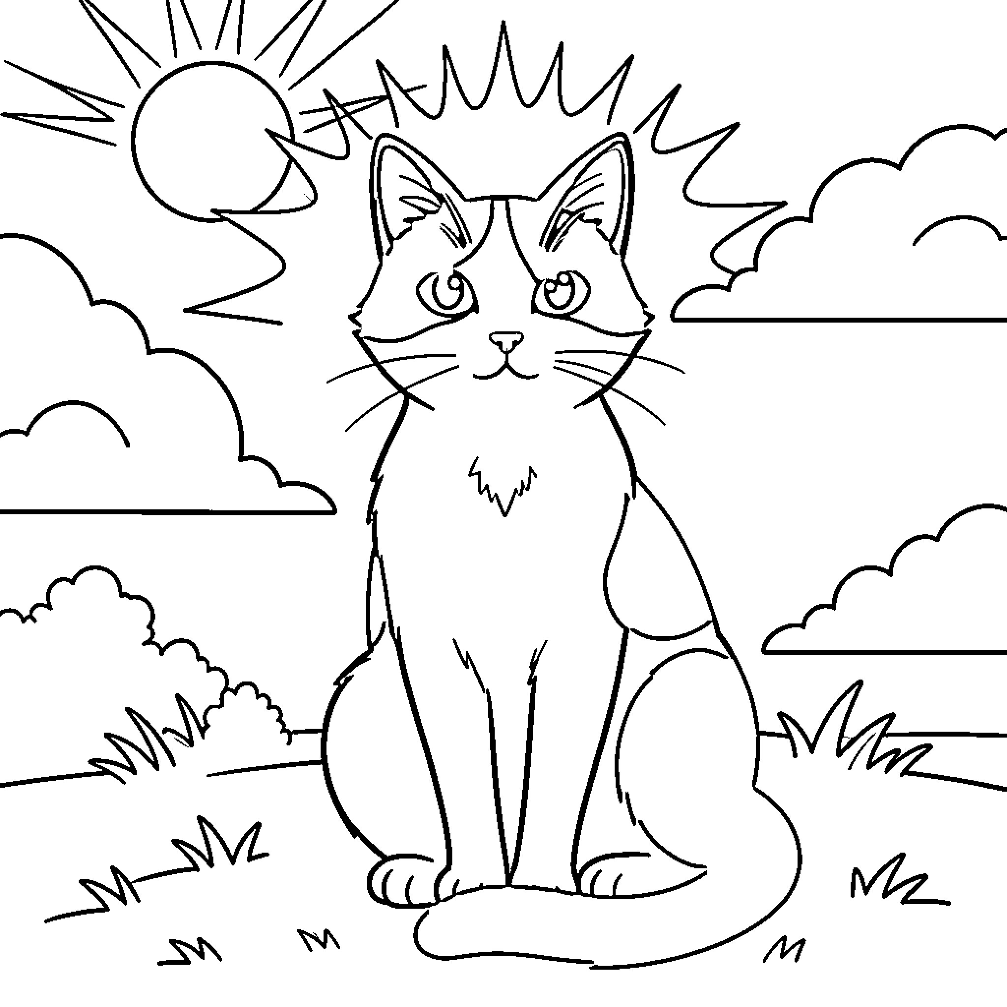 Cat enjoying the sunny day outdoors Coloring Page (free black-and-white line drawing printable PDF for all, from beginners to advanced learners, including children, teens, adults, and seniors)