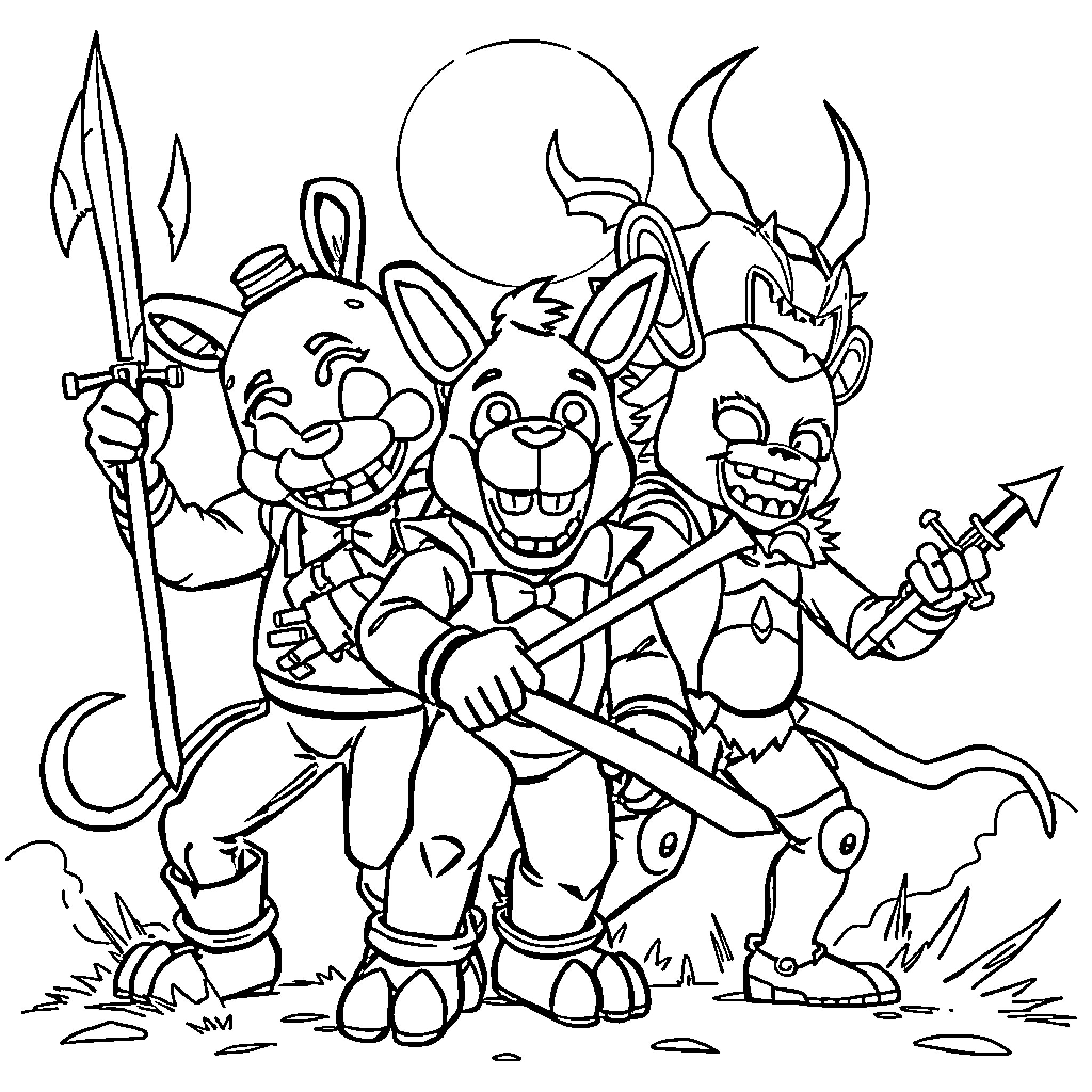 Animaltronics - Three robotic animals with weapons Coloring Page (free black-and-white line drawing printable PDF for all, from beginners to advanced learners, including children, teens, adults, and seniors)