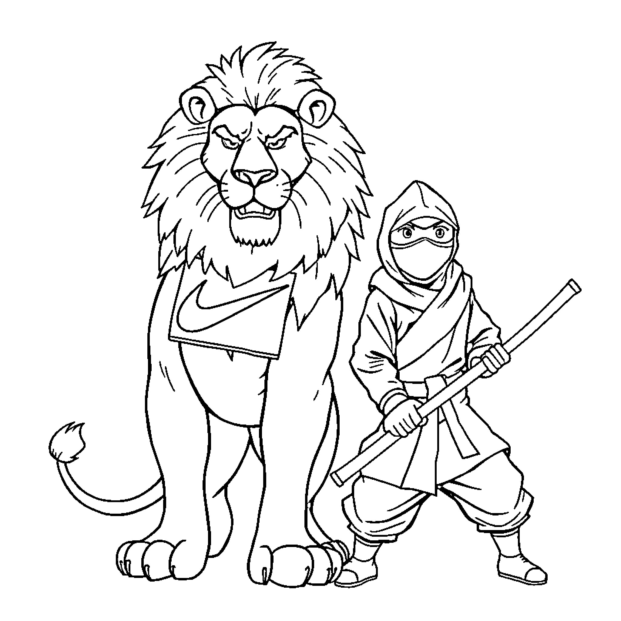 Lion and warrior ninja in combat pose Coloring Page (free black-and-white line drawing printable PDF for all, from beginners to advanced learners, including children, teens, adults, and seniors)
