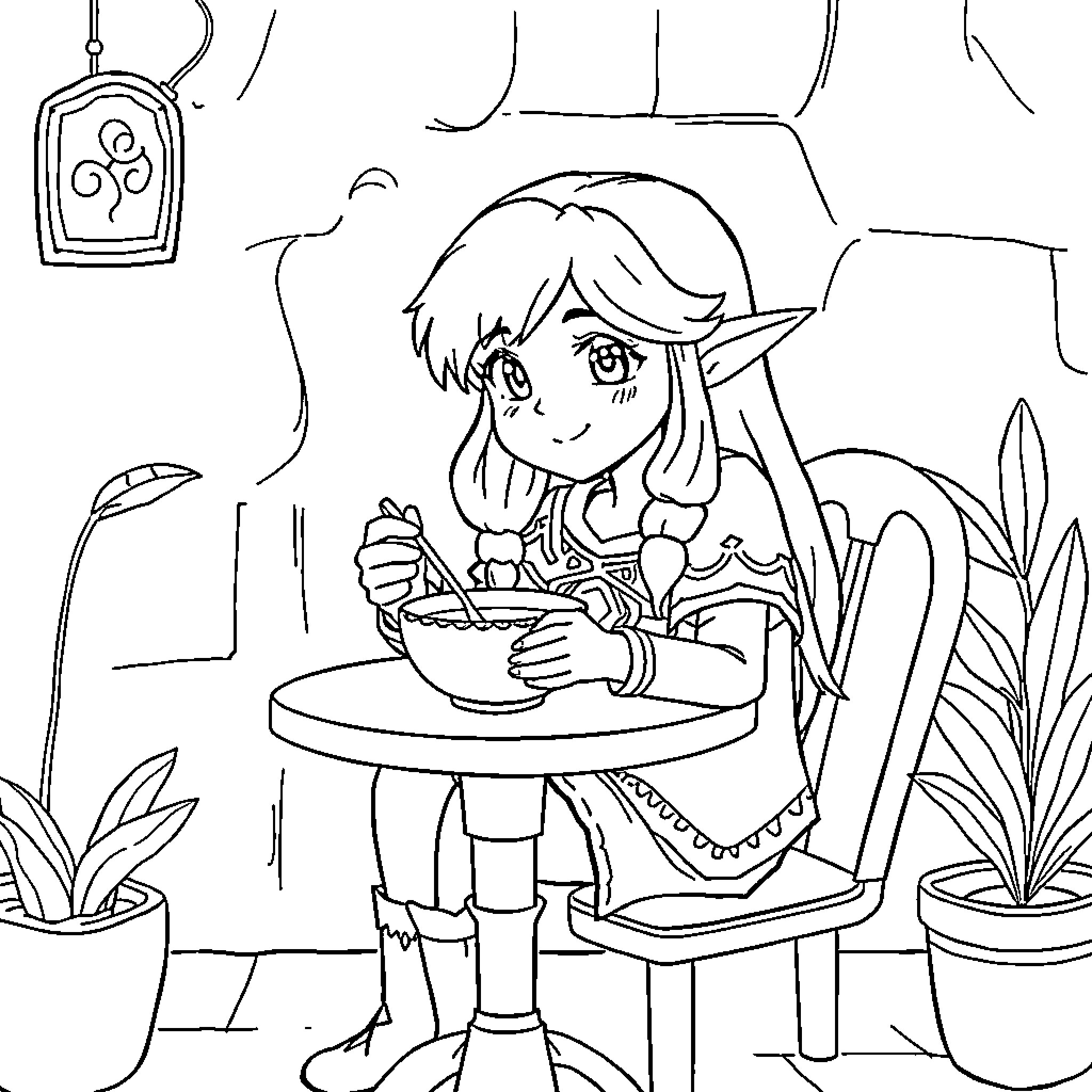 Zelda enjoying a meal in a cozy setting Coloring Page (free black-and-white line drawing printable PDF for all, from beginners to advanced learners, including children, teens, adults, and seniors)