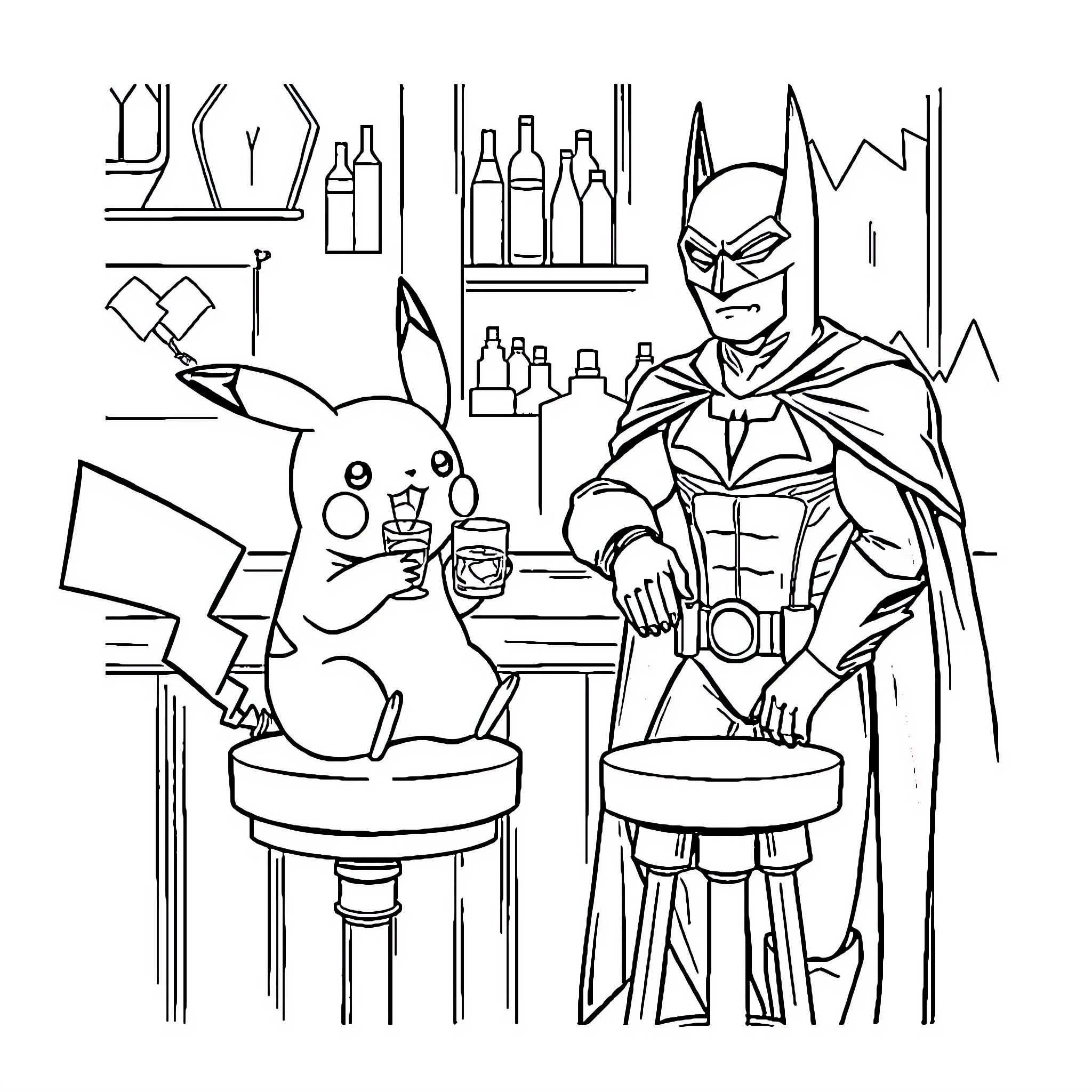 Pikachu and Batman enjoying drinks at the bar Coloring Page (free black-and-white line drawing printable PDF for all, from beginners to advanced learners, including children, teens, adults, and seniors)