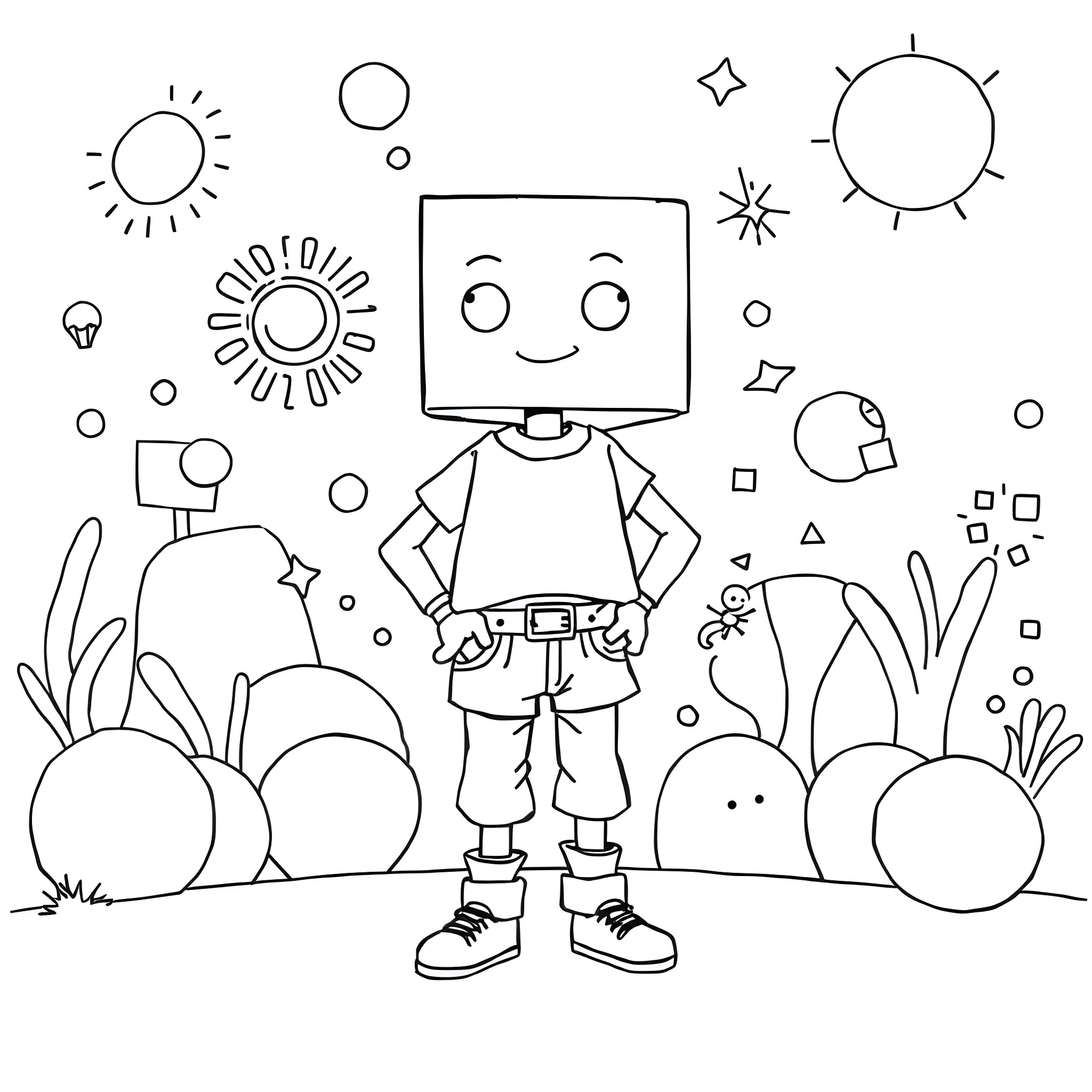 Cube Head Man exploring a whimsical and colorful landscape Coloring Page (free black-and-white line drawing printable PDF for all, from beginners to advanced learners, including children, teens, adults, and seniors)