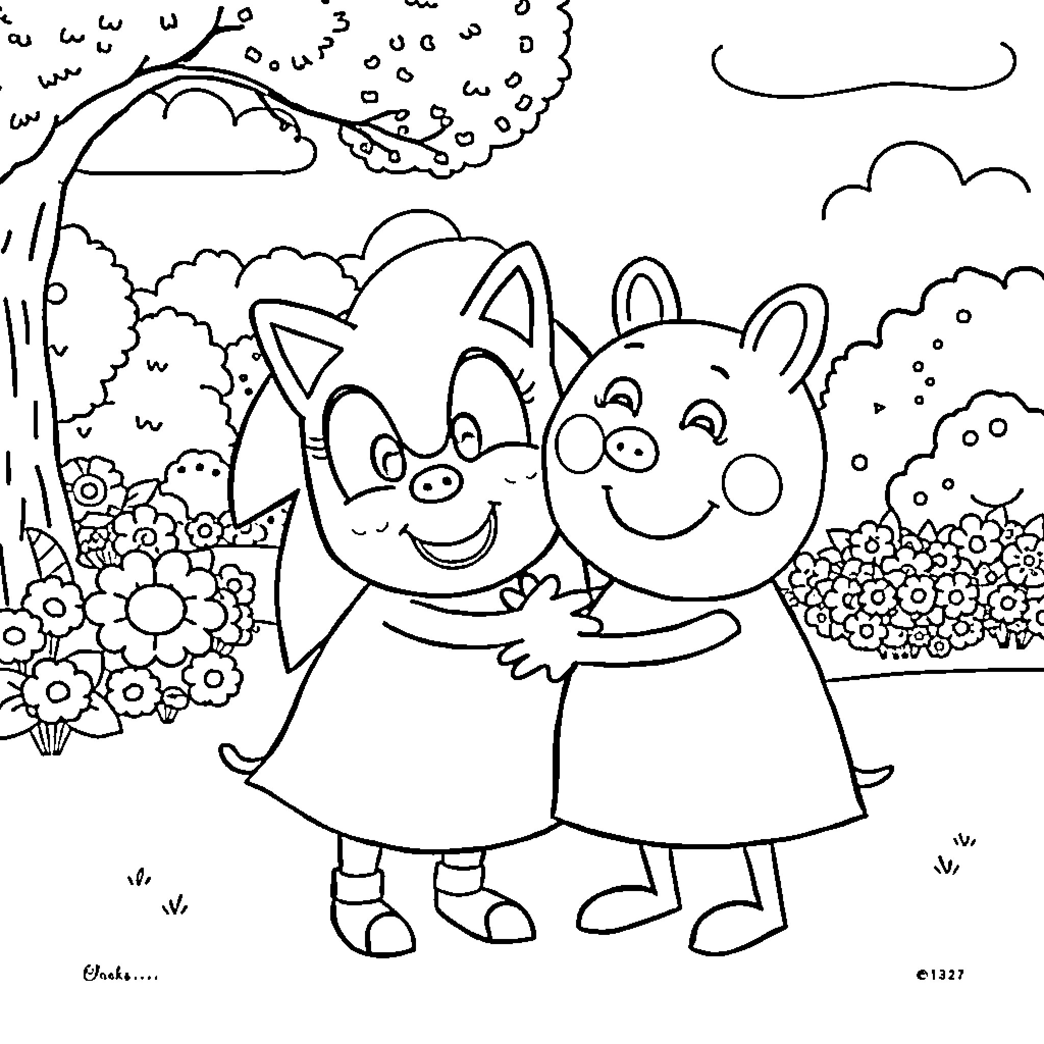 Peppa Pig and friend in a colorful outdoor scene Coloring Page (free black-and-white line drawing printable PDF for all, from beginners to advanced learners, including children, teens, adults, and seniors)