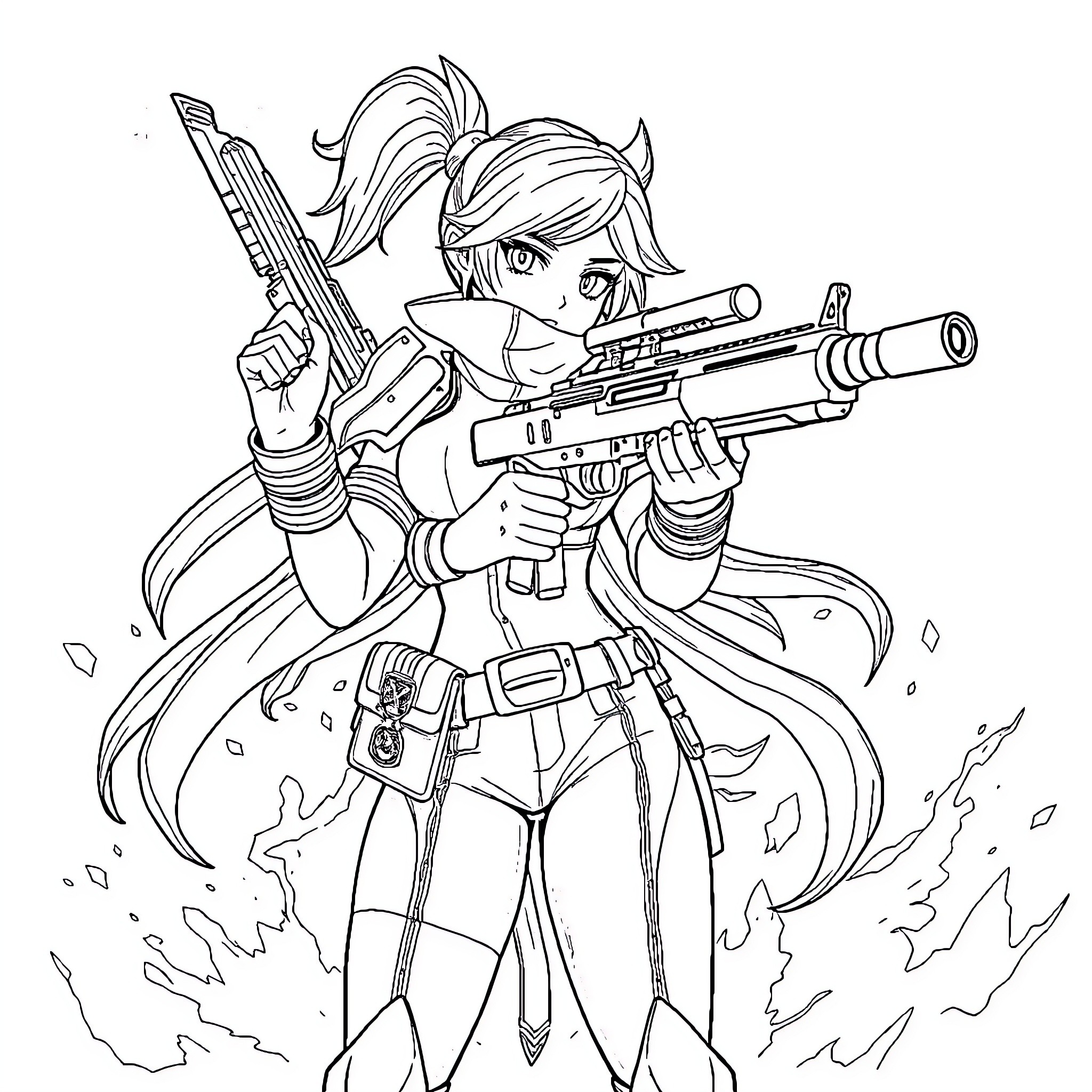 Layla wielding powerful weapons in action Coloring Page (free black-and-white line drawing printable PDF for all, from beginners to advanced learners, including children, teens, adults, and seniors)