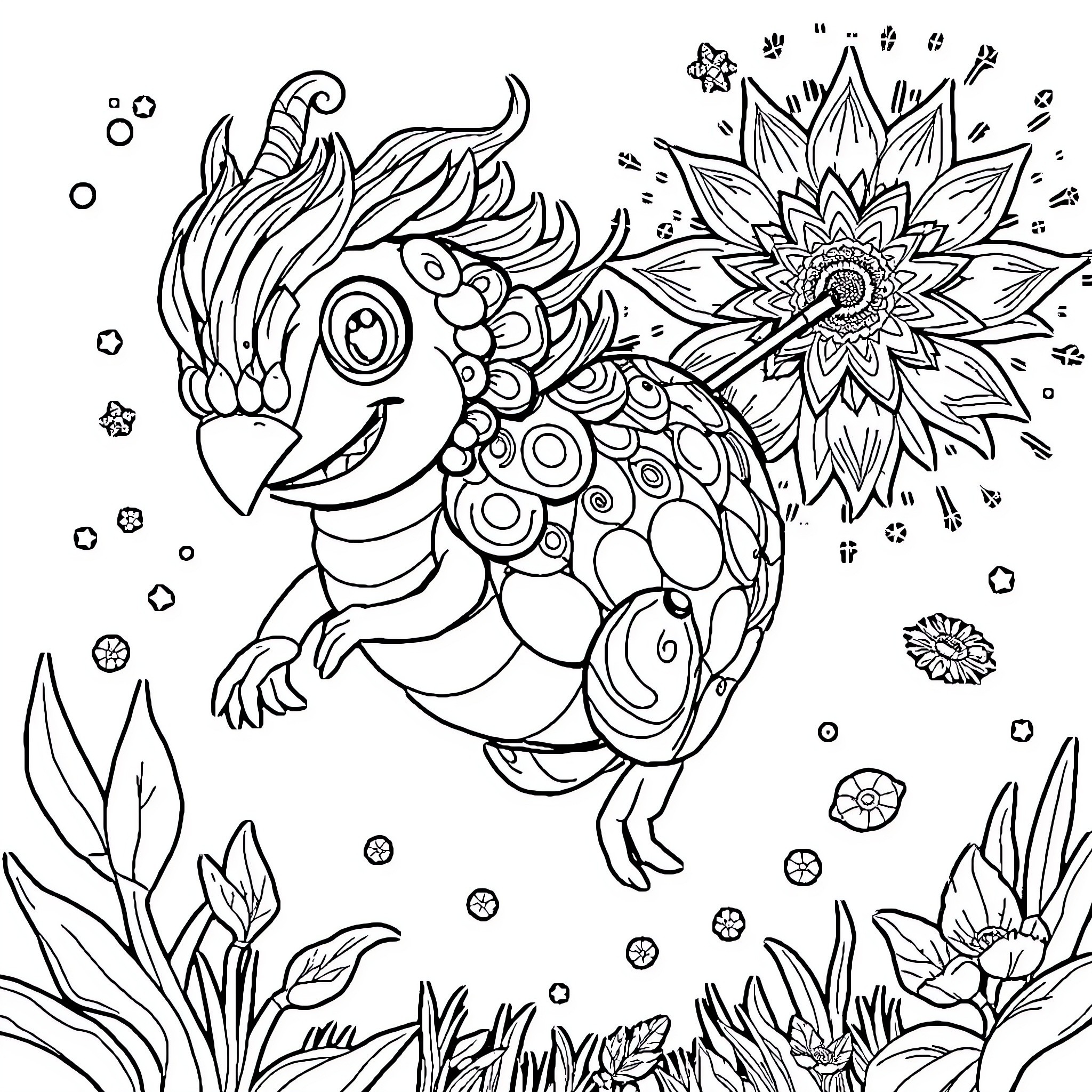 Hipopotamo surrounded by fantastical flowers and foliage Coloring Page (free black-and-white line drawing printable PDF for all, from beginners to advanced learners, including children, teens, adults, and seniors)