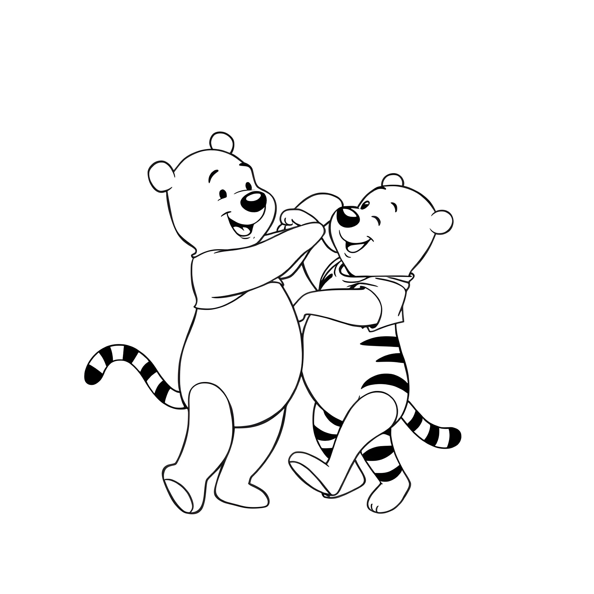 Winnie The Pooh and Tigger hugging happily Coloring Page (free black-and-white line drawing printable PDF for all, from beginners to advanced learners, including children, teens, adults, and seniors)