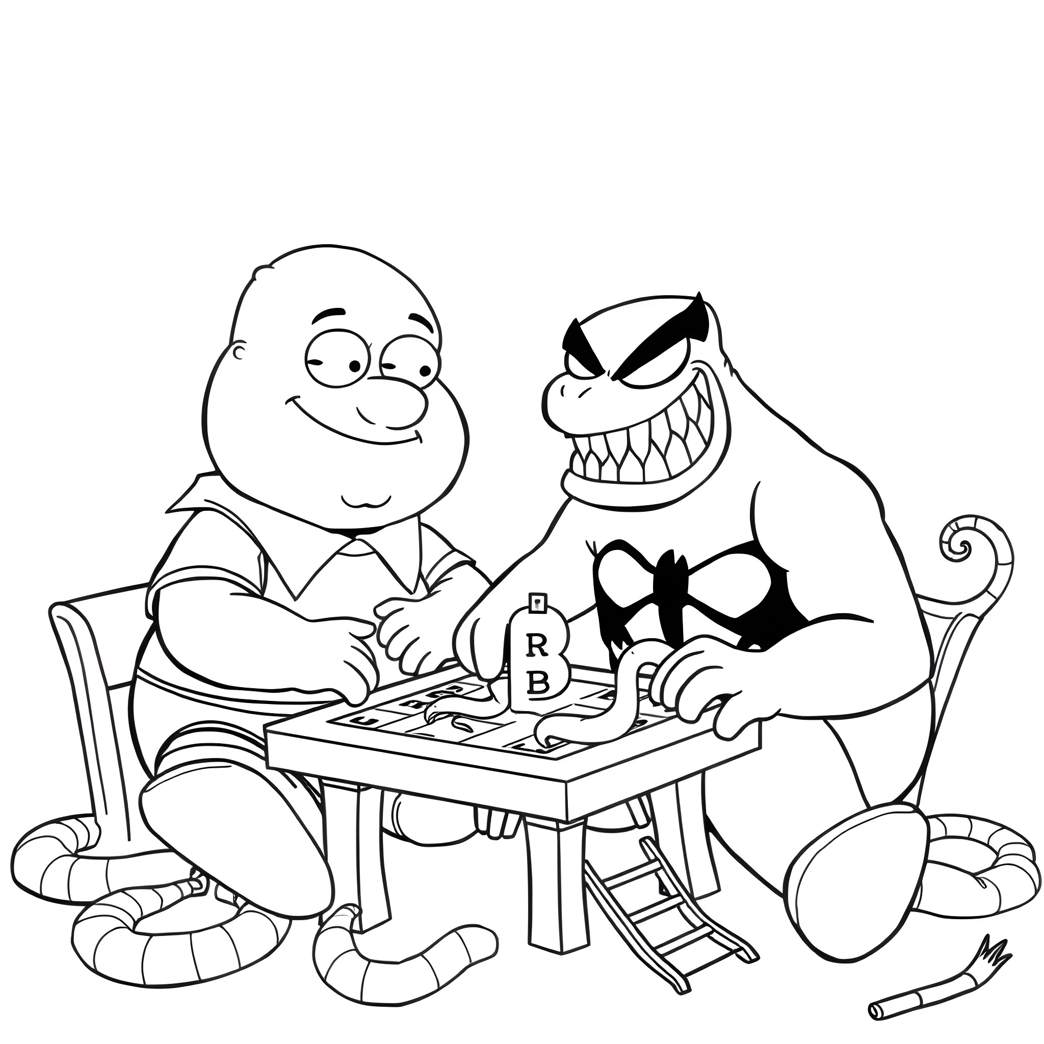 Venom playing a board game with his friend Coloring Page (free black-and-white line drawing printable PDF for all, from beginners to advanced learners, including children, teens, adults, and seniors)