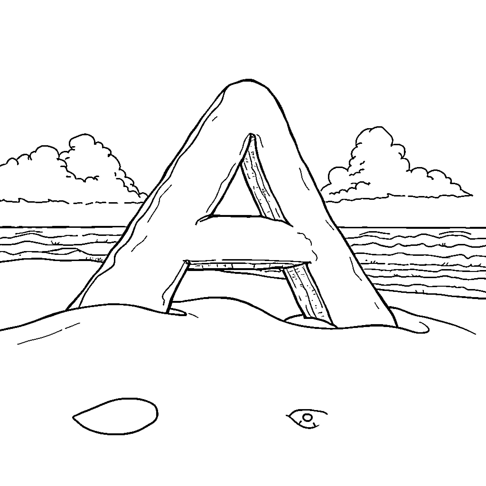 Letter A Formed by Rocks on a Beach Coloring Page (free black-and-white line drawing printable PDF for all, from beginners to advanced learners, including children, teens, adults, and seniors)