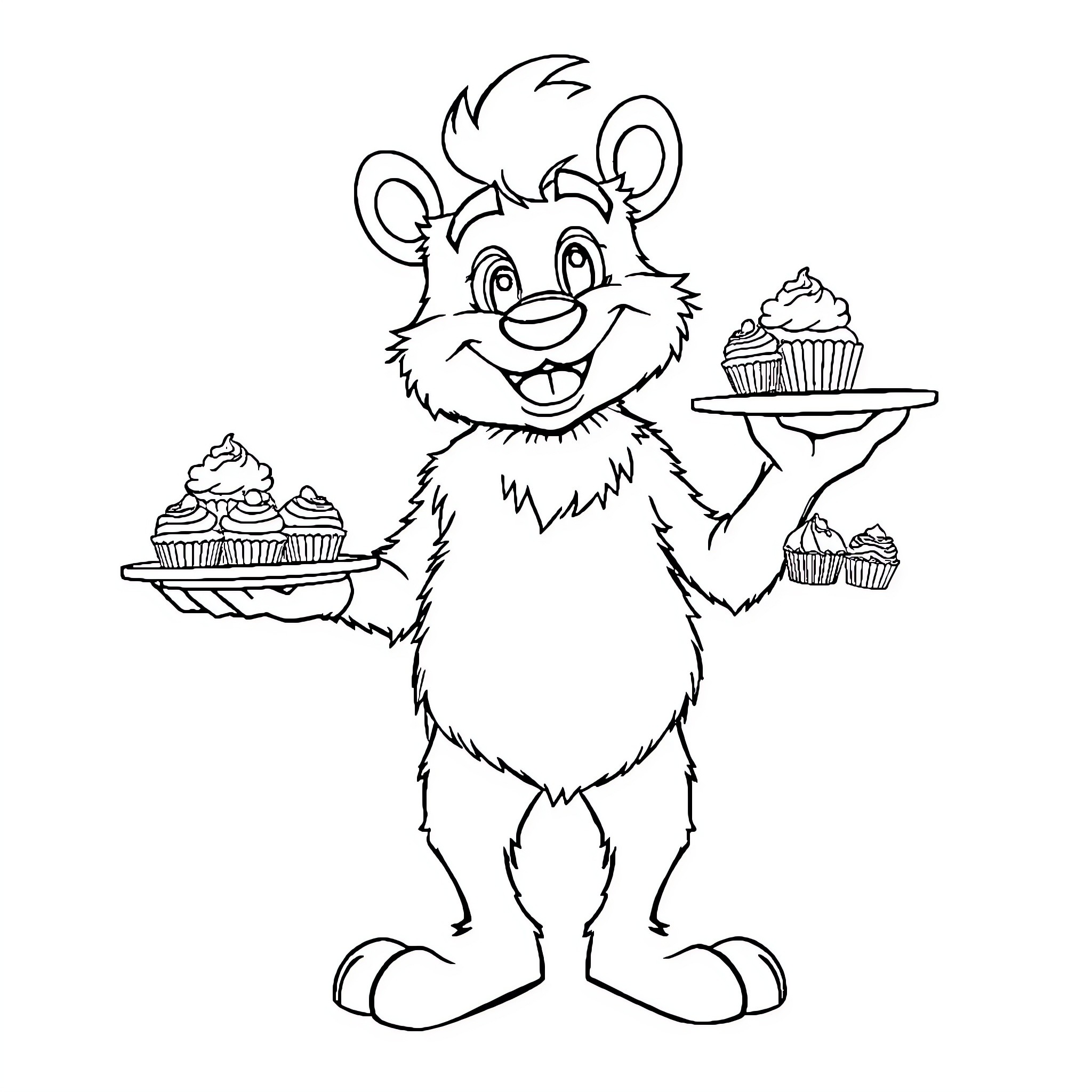 Mascot cheerfully serving cupcakes Coloring Page (free black-and-white line drawing printable PDF for all, from beginners to advanced learners, including children, teens, adults, and seniors)