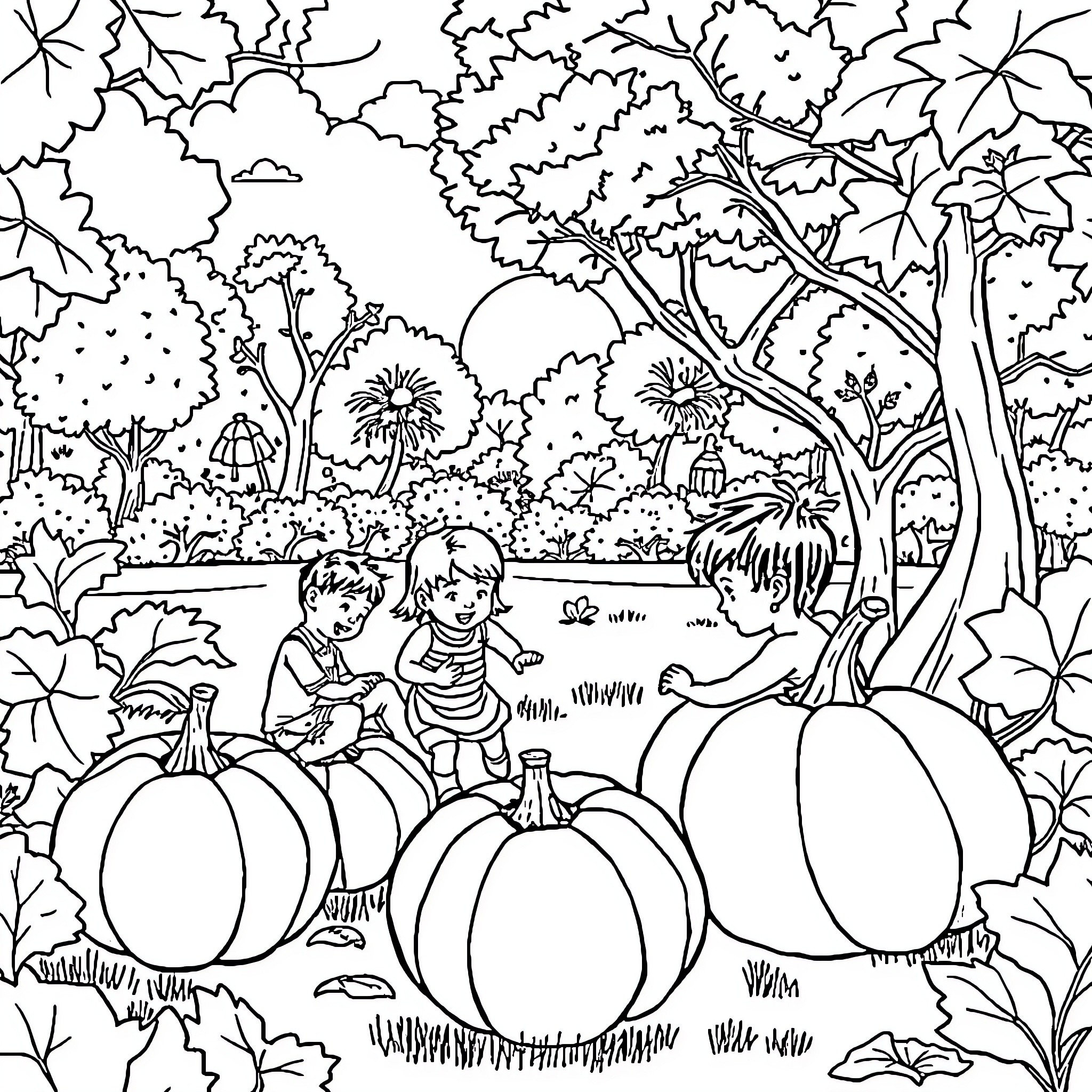 Pumpkin Patch Adventure: Children Exploring Autumn Landscape Coloring Page (free black-and-white line drawing printable PDF for all, from beginners to advanced learners, including children, teens, adults, and seniors)