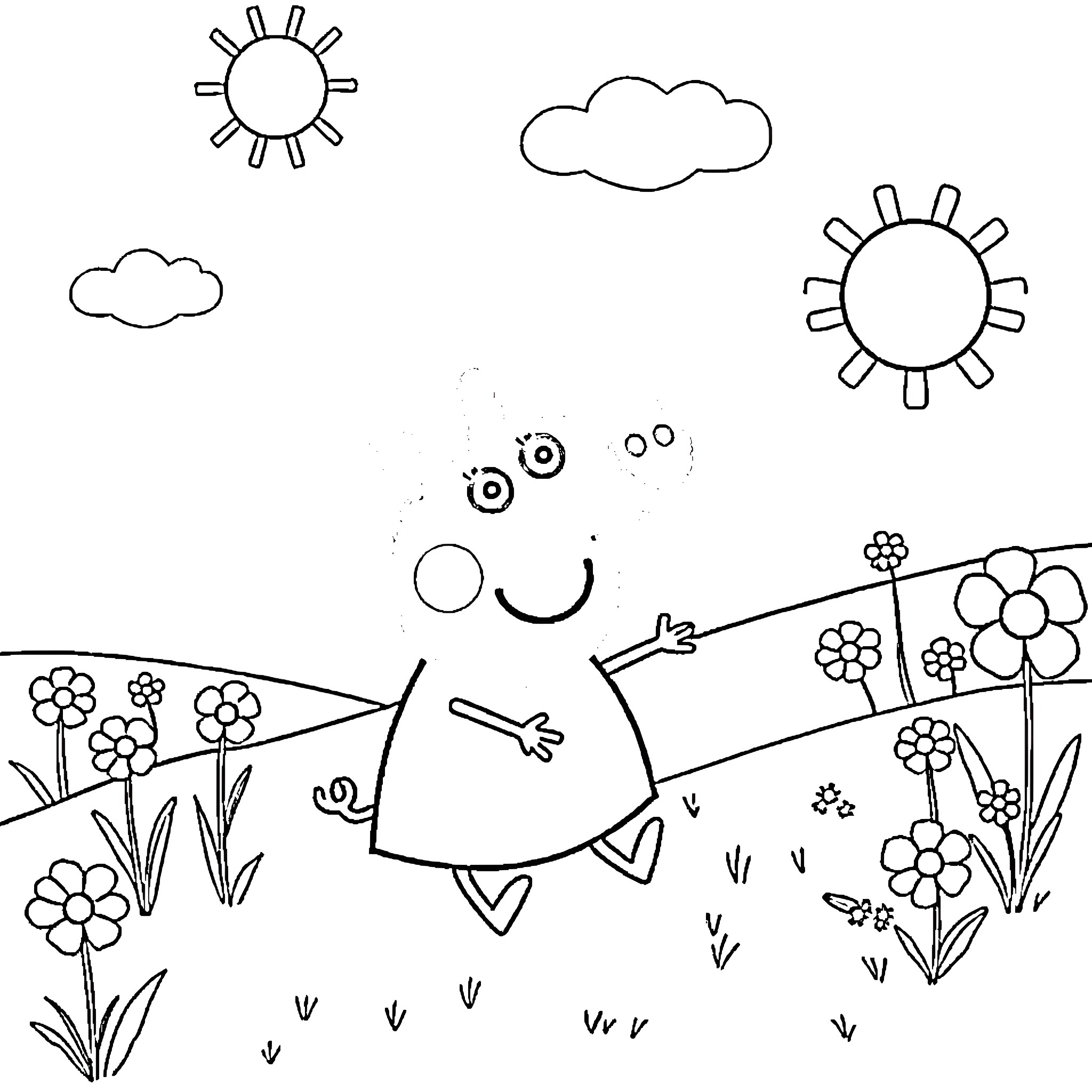 Peppa Pig's Cheerful Nature Adventure Coloring Page (free black-and-white line drawing printable PDF for all, from beginners to advanced learners, including children, teens, adults, and seniors)