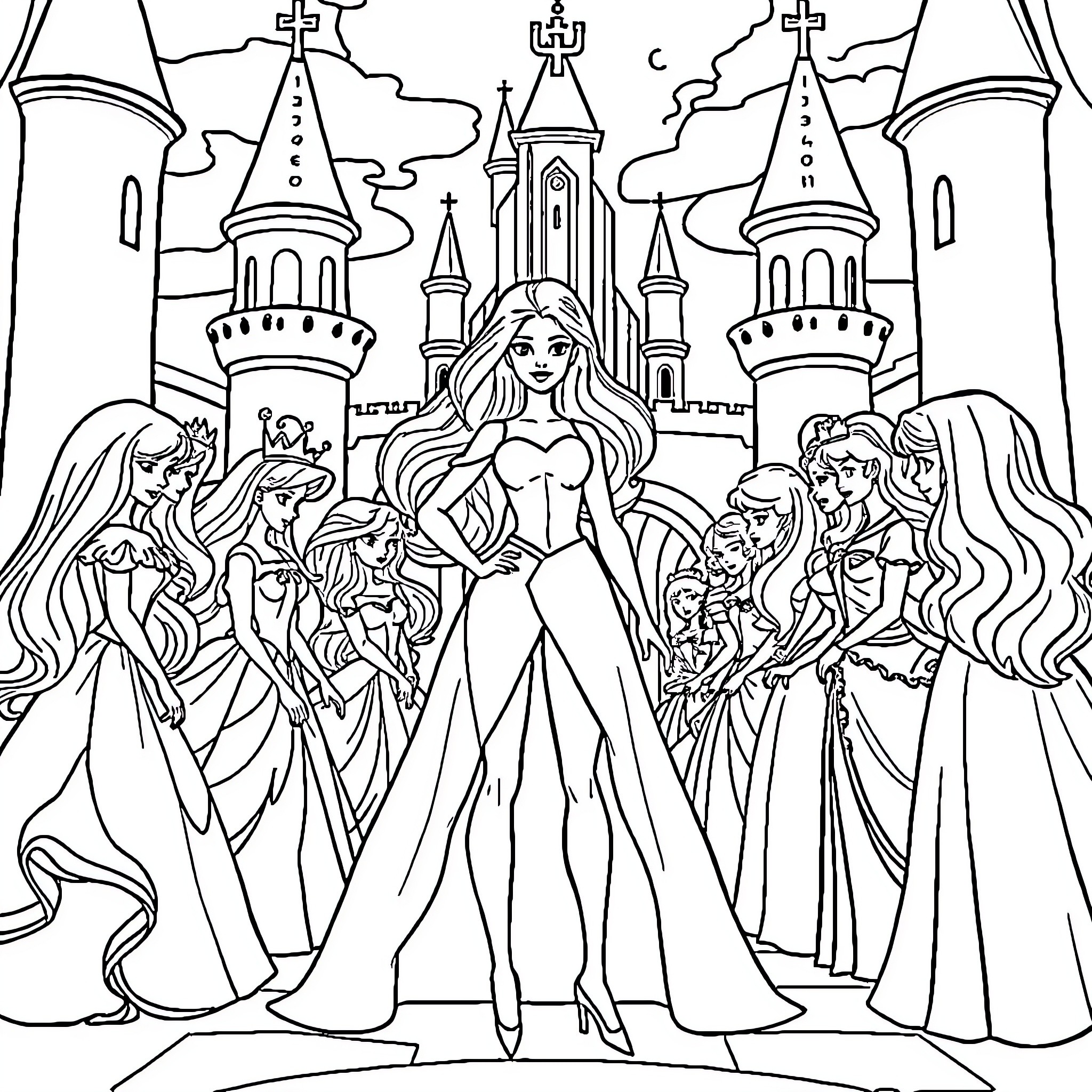 Barbie and her princely friends in a grand castle Coloring Page (free black-and-white line drawing printable PDF for all, from beginners to advanced learners, including children, teens, adults, and seniors)