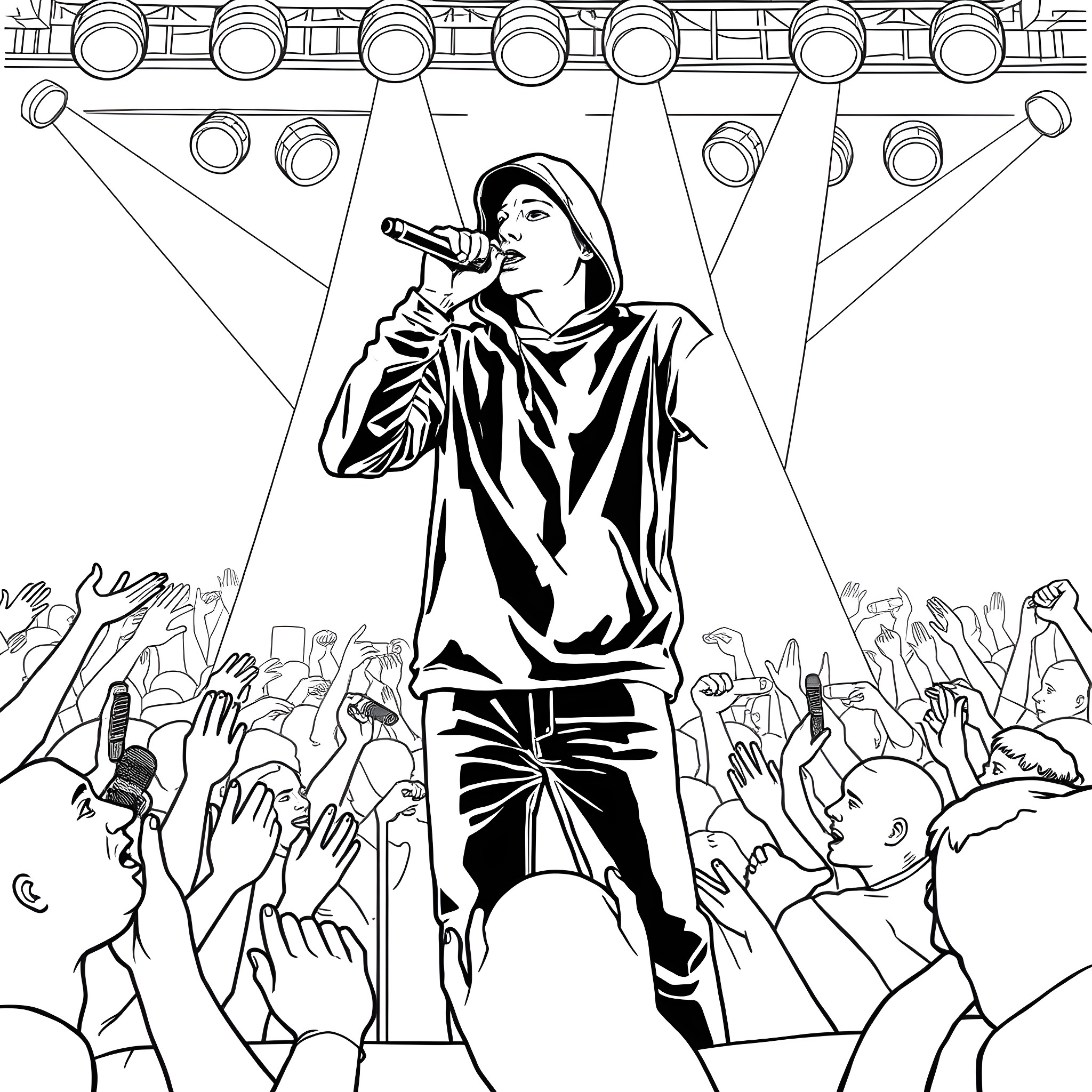 Eminem Captivating the Crowd with Energetic Performance Coloring Page (free black-and-white line drawing printable PDF for all, from beginners to advanced learners, including children, teens, adults, and seniors)