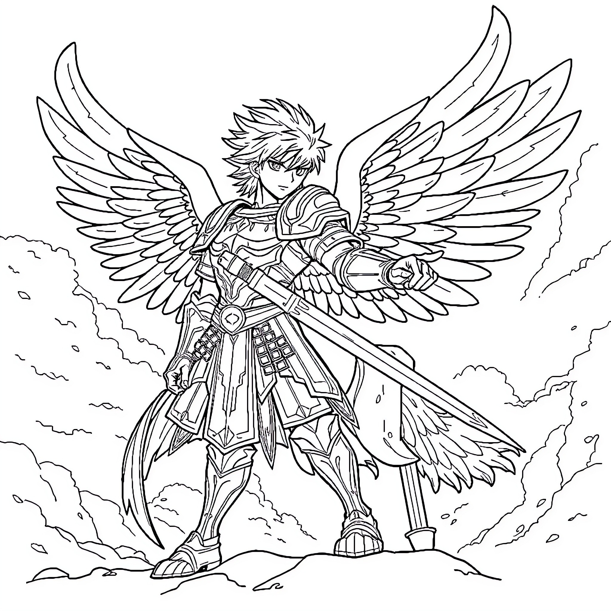 Seiya, the Winged Warrior in Heroic Pose Coloring Page (free black-and-white line drawing printable PDF for all, from beginners to advanced learners, including children, teens, adults, and seniors)