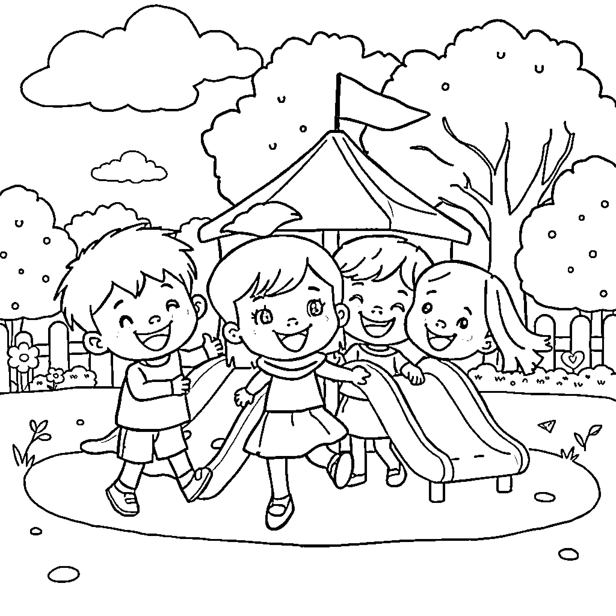 Lingokids children playing at the park Coloring Page (free black-and-white line drawing printable PDF for all, from beginners to advanced learners, including children, teens, adults, and seniors)