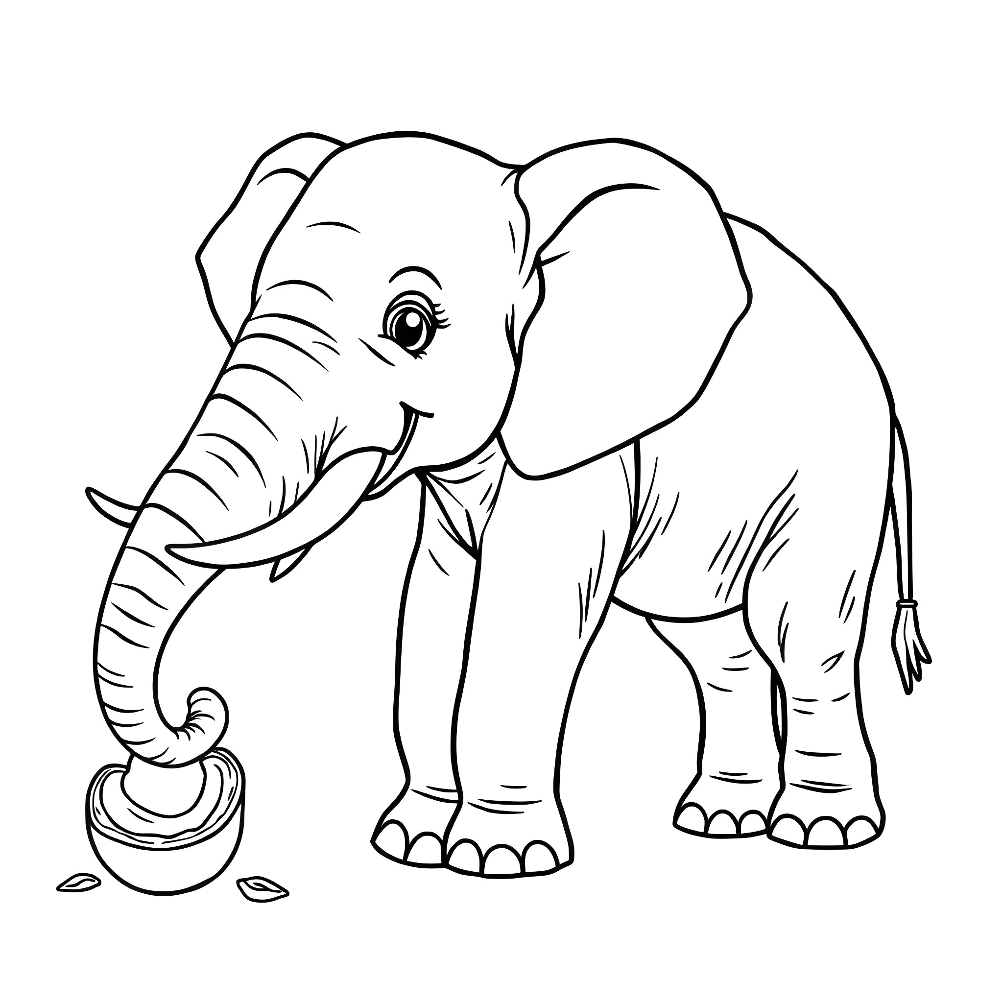 Elephant playing with flower pot Coloring Page (free black-and-white line drawing printable PDF for all, from beginners to advanced learners, including children, teens, adults, and seniors)